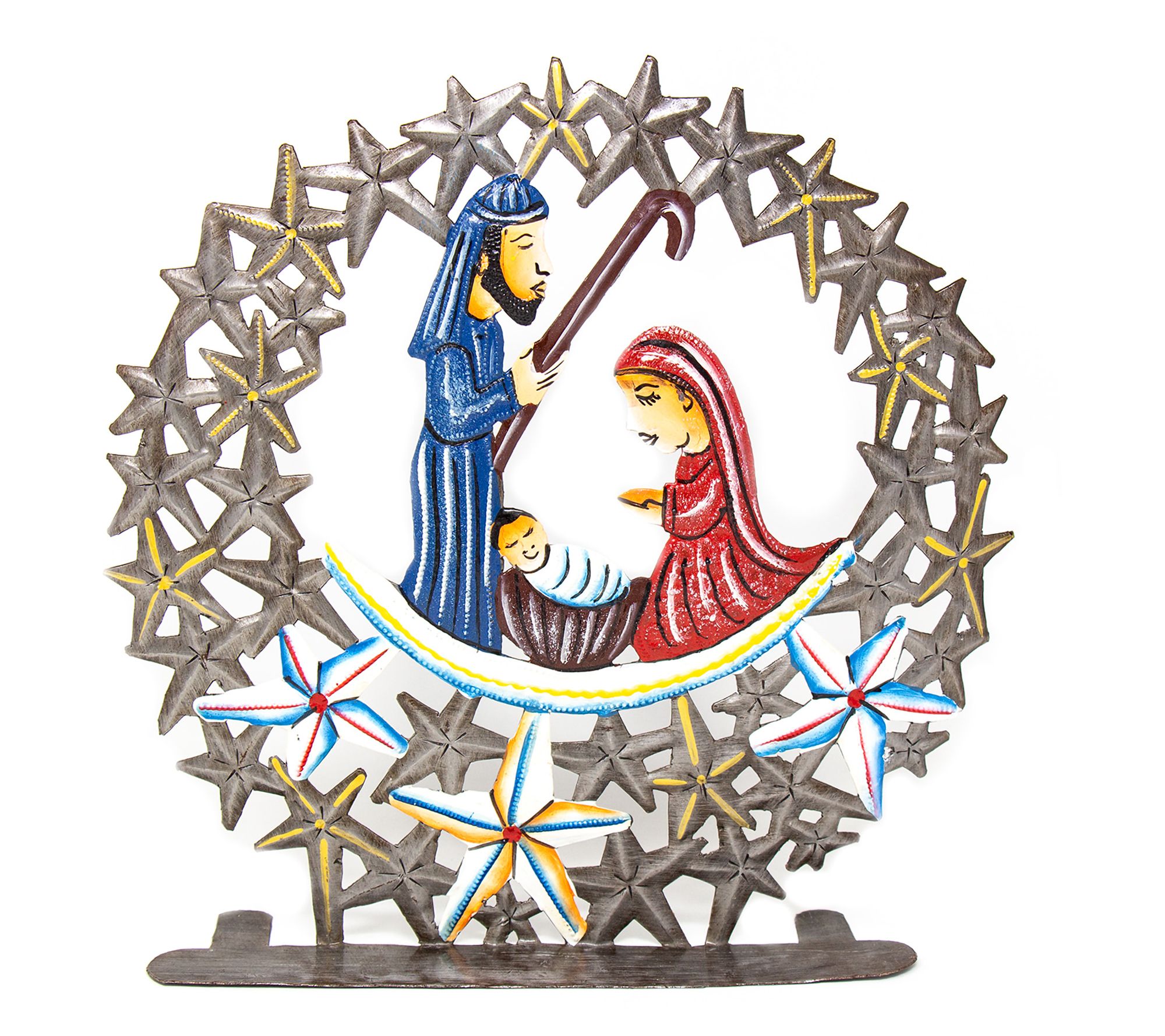 Global Crafts Haitian Metal Drum Nativity Encased in Stars