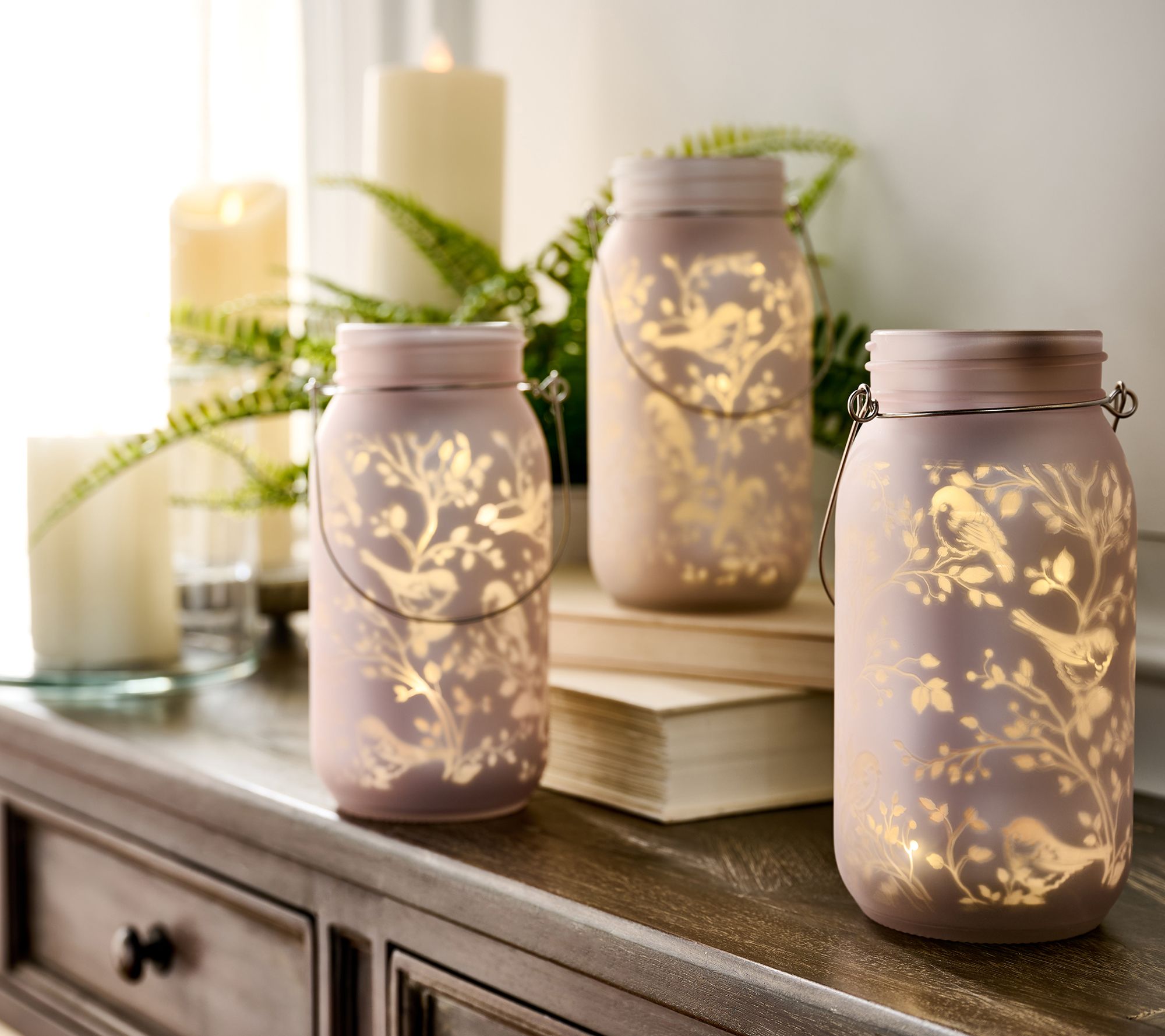 Set of 3 7" Illuminated Bird & Vine Mason Jars by Valerie
