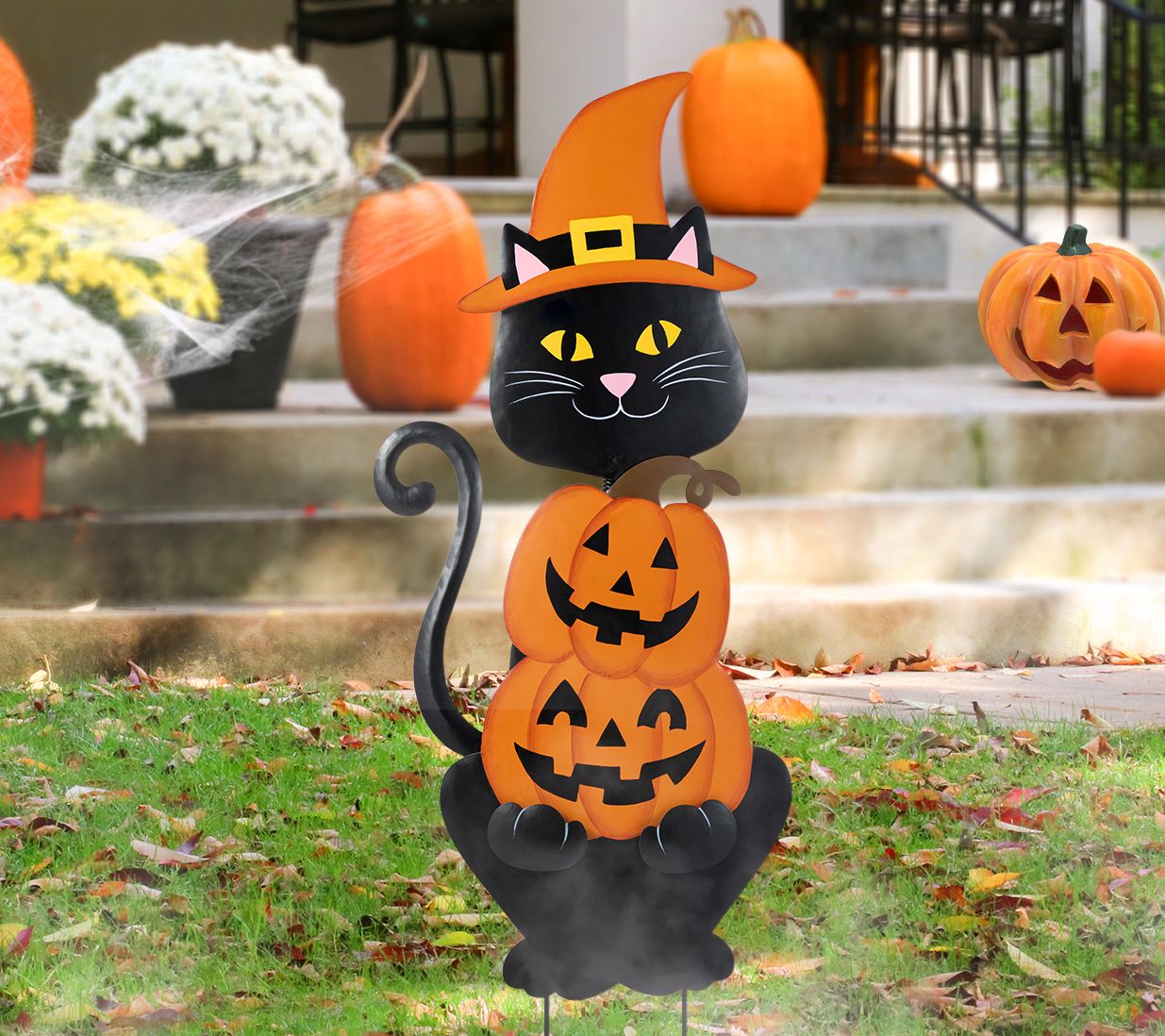 Glitzhome 36" Halloween Black Cat Stacked Pumpkin Garden Stake