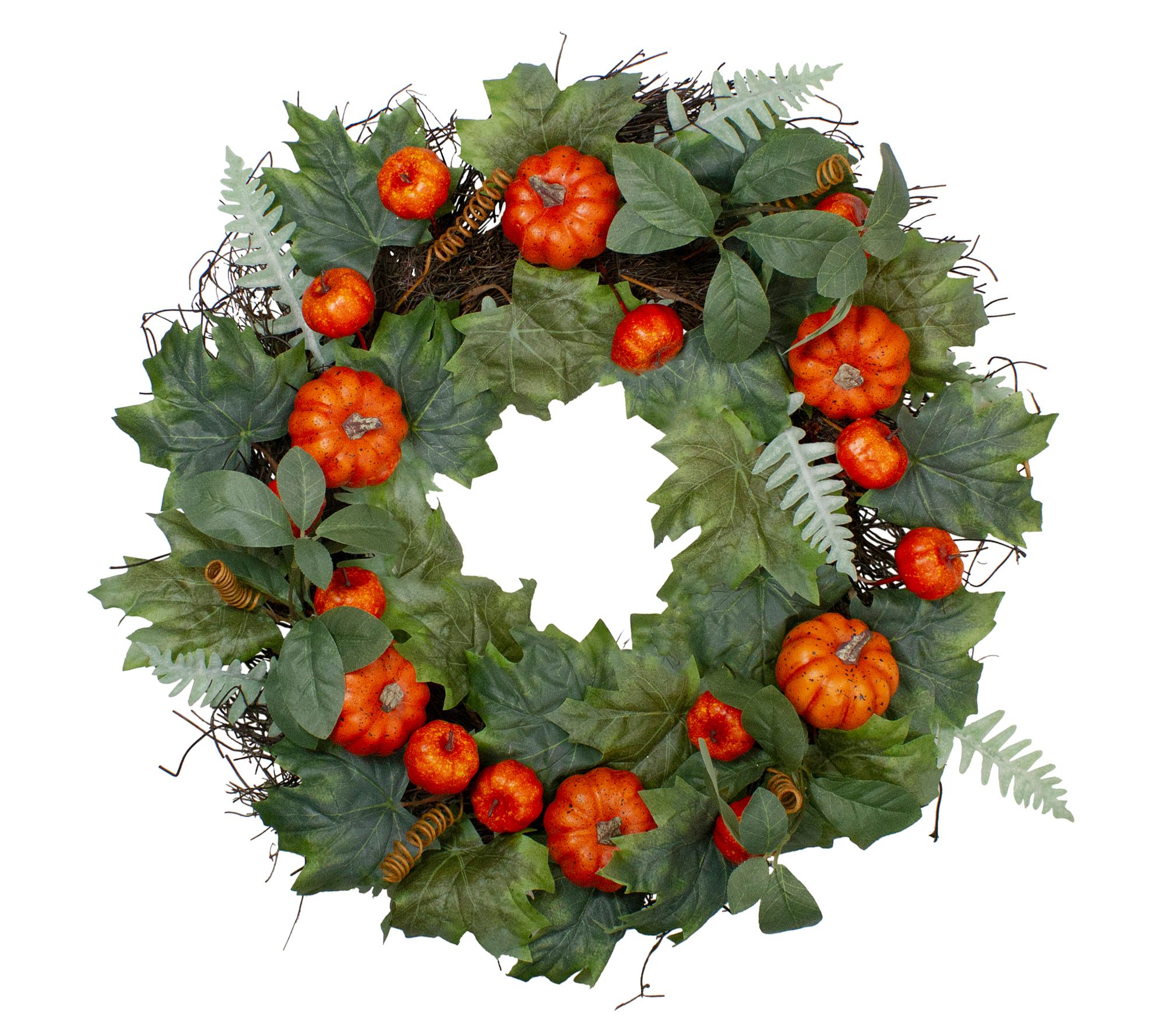 Northlight Maple and Fern Leaves with PumpkinsWreath 24"