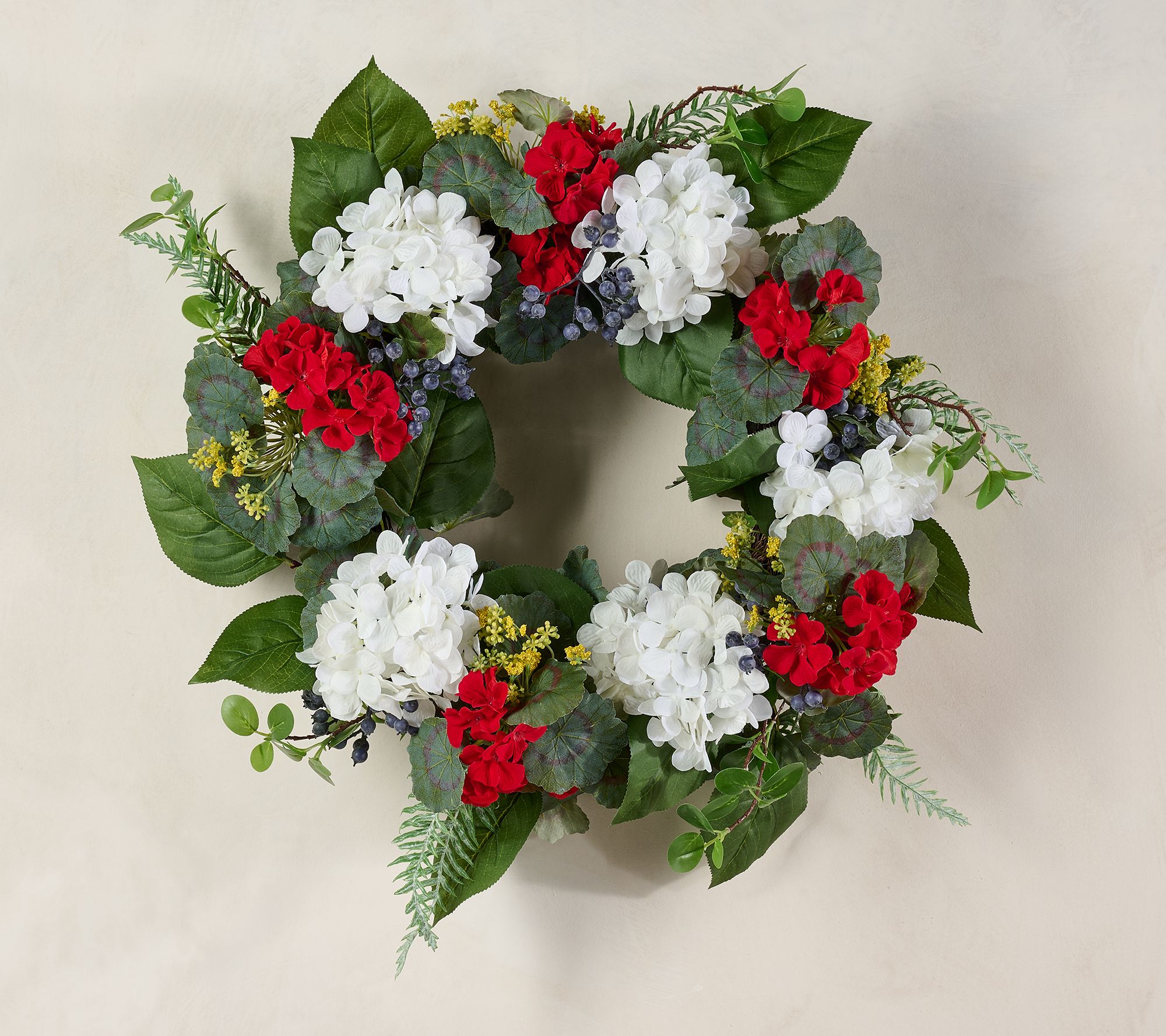 24" Geranium, Hydrangea,and Berry Wreath by Valerie