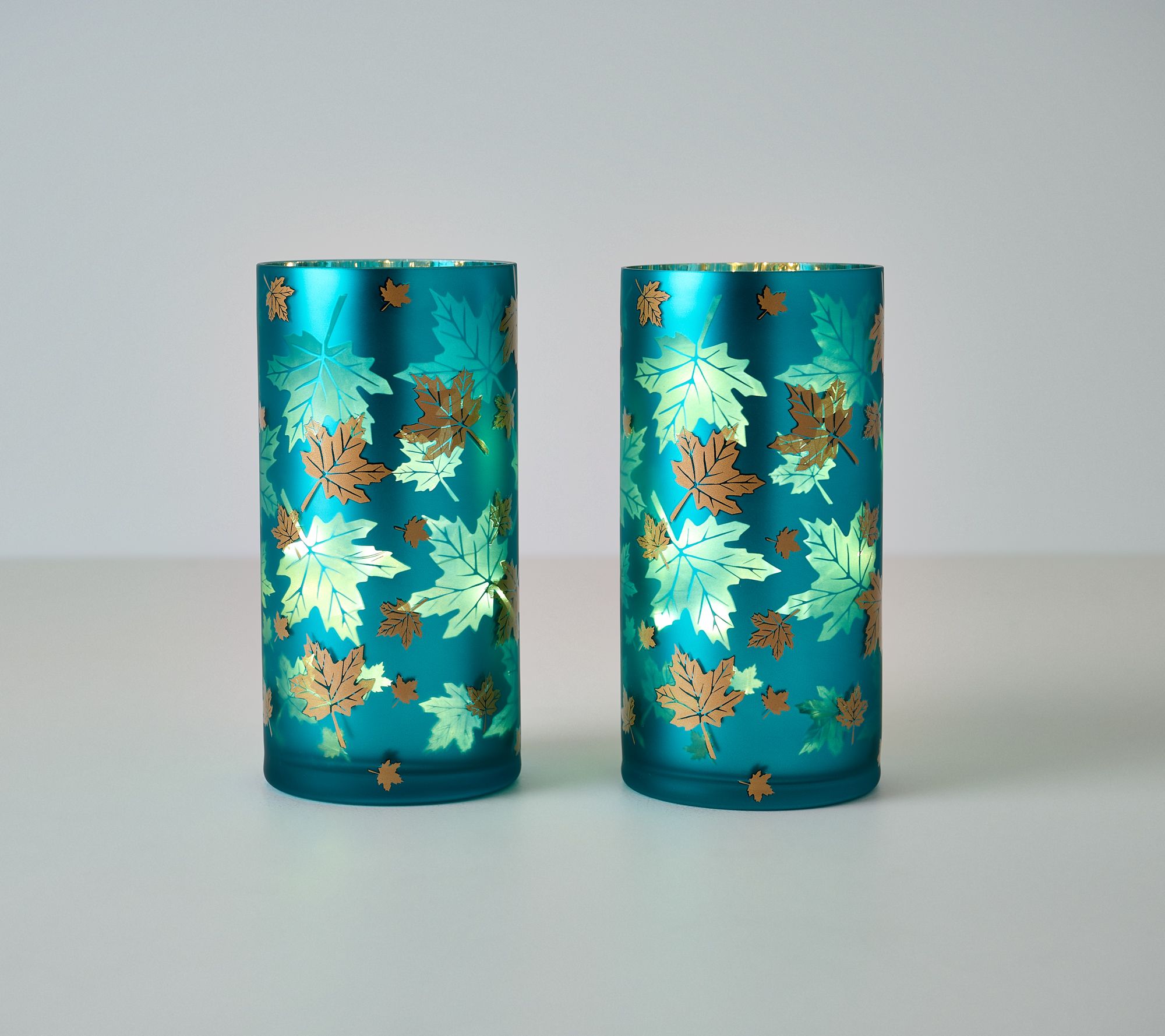 S/(2) 8" Illuminated Autumn Leaves Hurricanes by Valerie