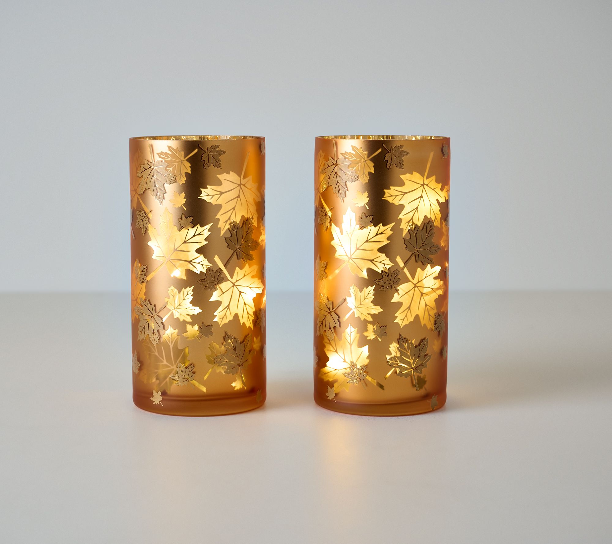 S/(2) 8" Illuminated Autumn Leaves Hurricanes by Valerie
