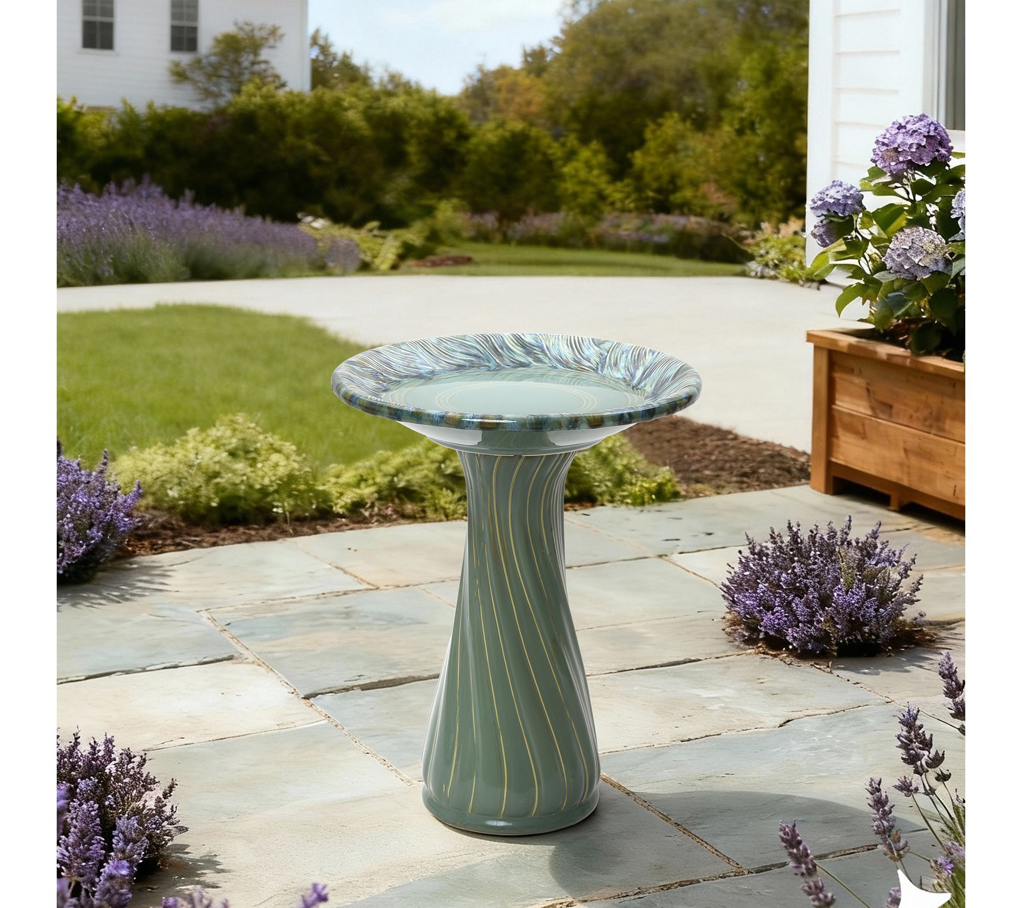 LuxenHome Marine Green w/ Swirls 22.6"H CeramicBirdbath
