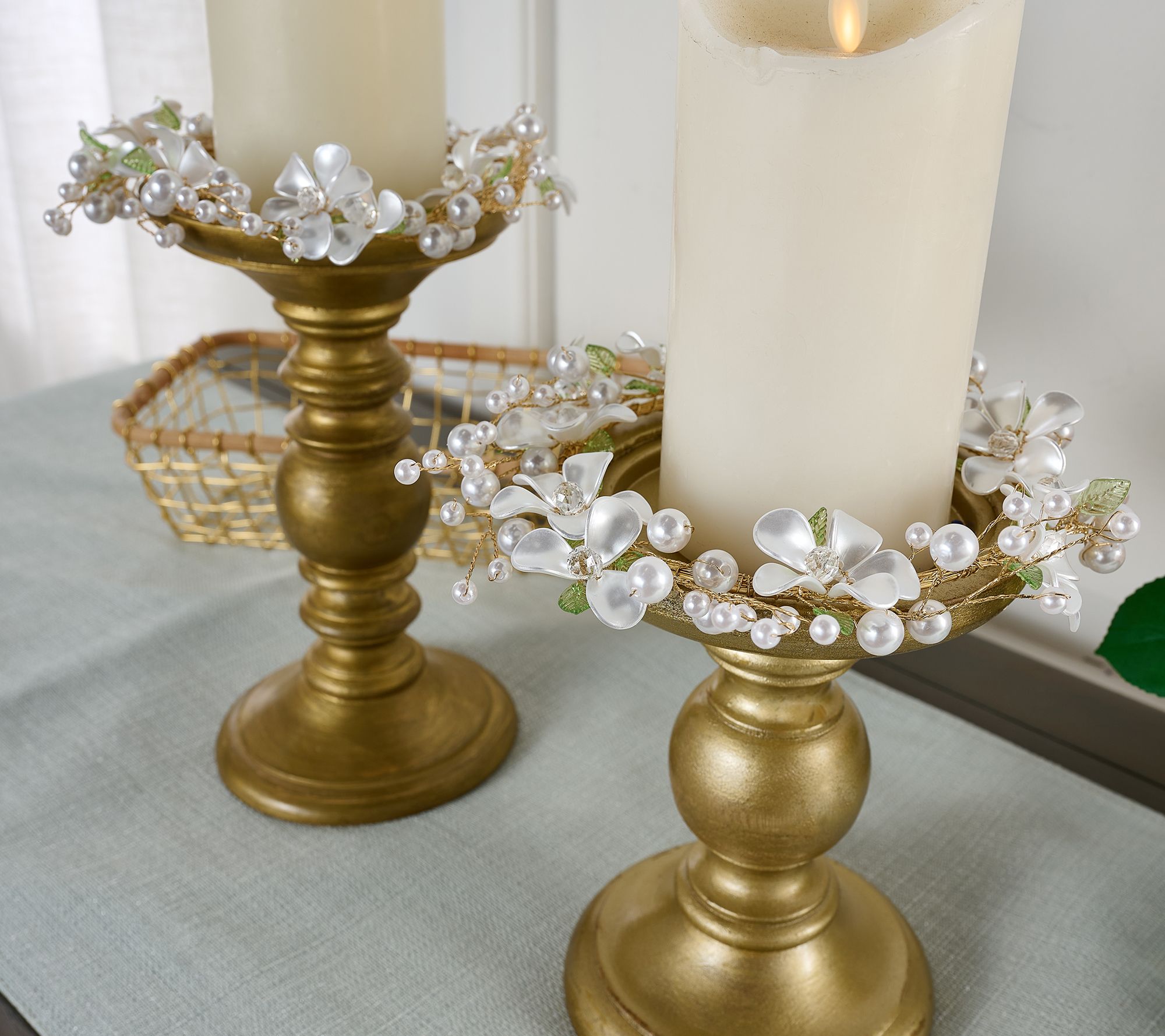 "As Is" 2Pc Pearlized Flower & Bead Candle Rings with Leaves