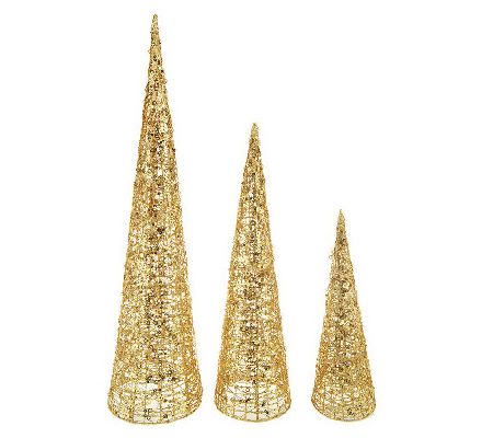 Set Of 3 Lit Glitter Sequin Trees W Timers With Timers