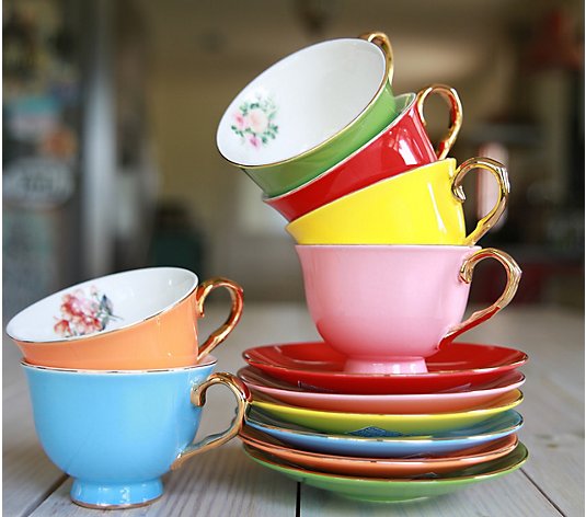 Junk Gypsy Set of 6 Colorful Tea Cups with Saucers