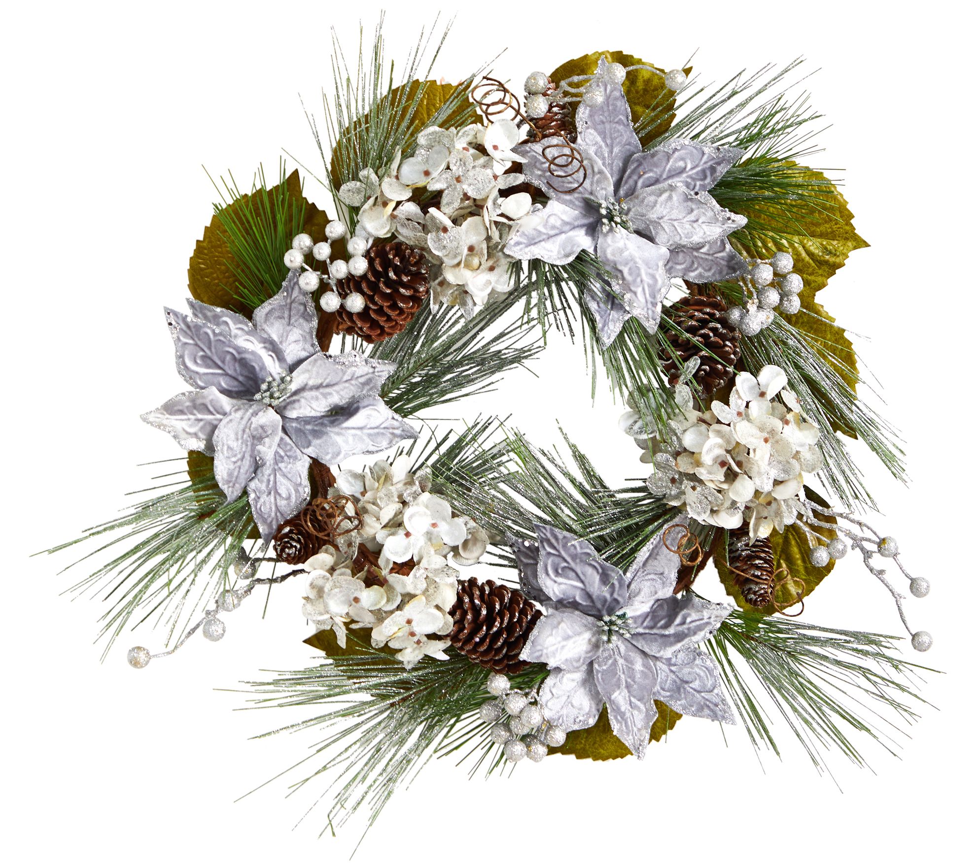 Nearly Natural 24" Silver Poinsettia, HydrangeaWreath