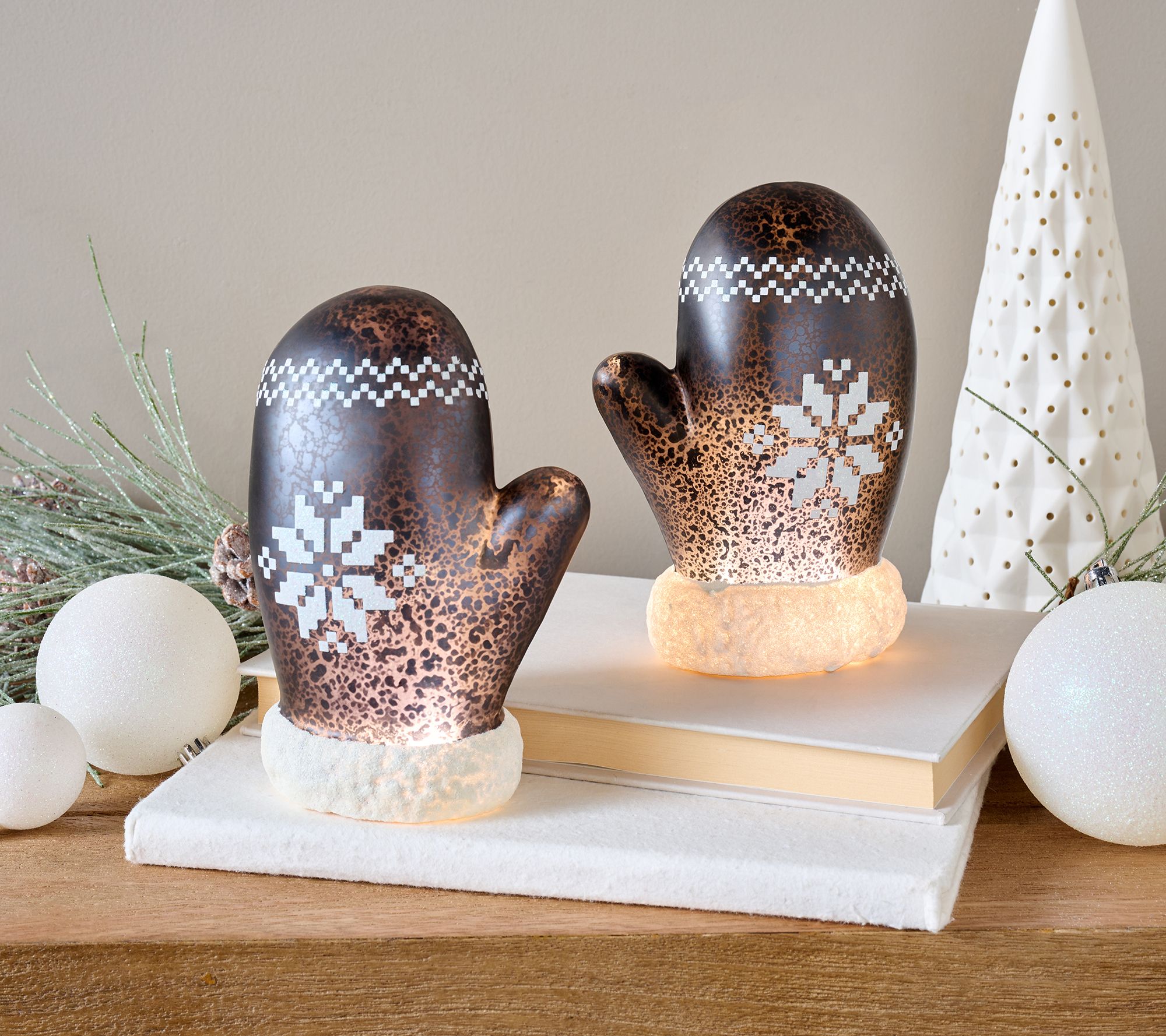 Set of 2 Illuminated Mercury Glass Winter Mittens by Valerie