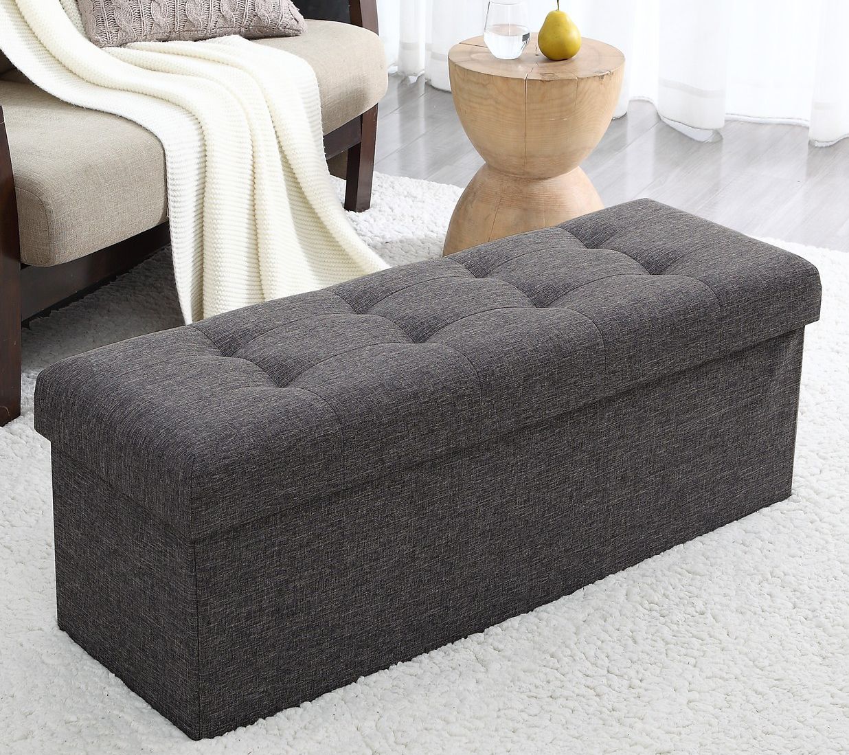 Ornavo Home Foldable Tufted Linen Large Storage Ottoman Bench
