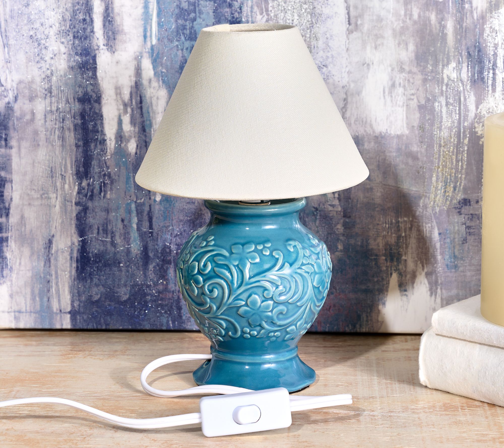 Floral and Vine Embossed Ceramic Plug-In Accent Lamp by Valerie