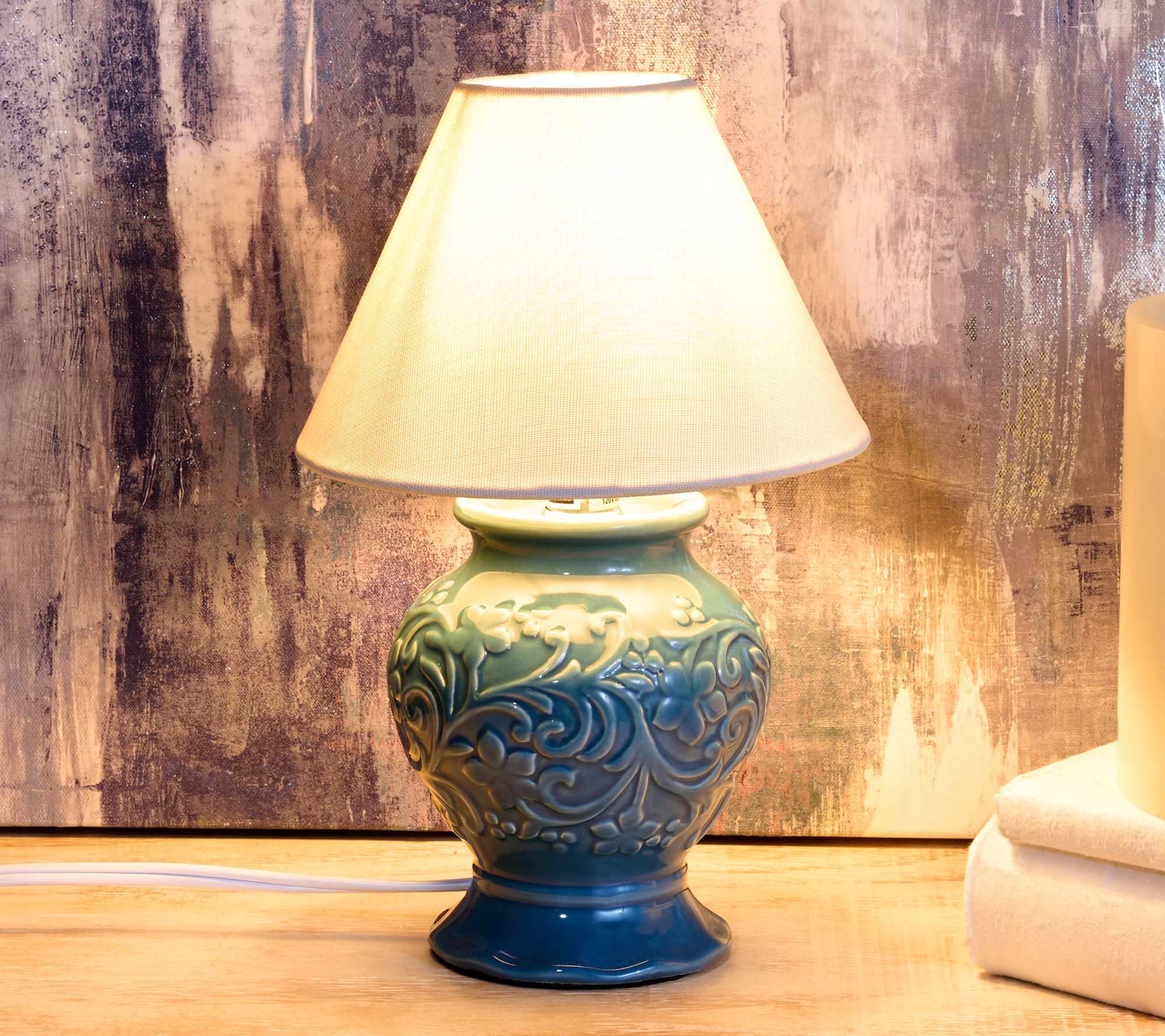 Floral and Vine Embossed Ceramic Plug-In Accent Lamp by Valerie