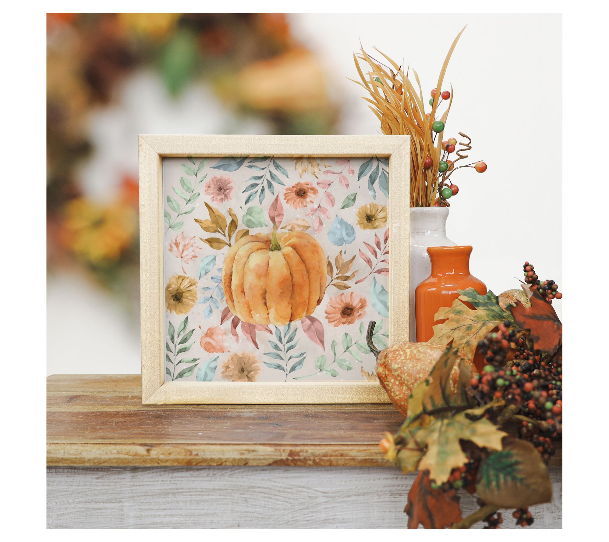 Sincere Surroundings 10" Pumpkin Watercolor Leaves Rustic Fram