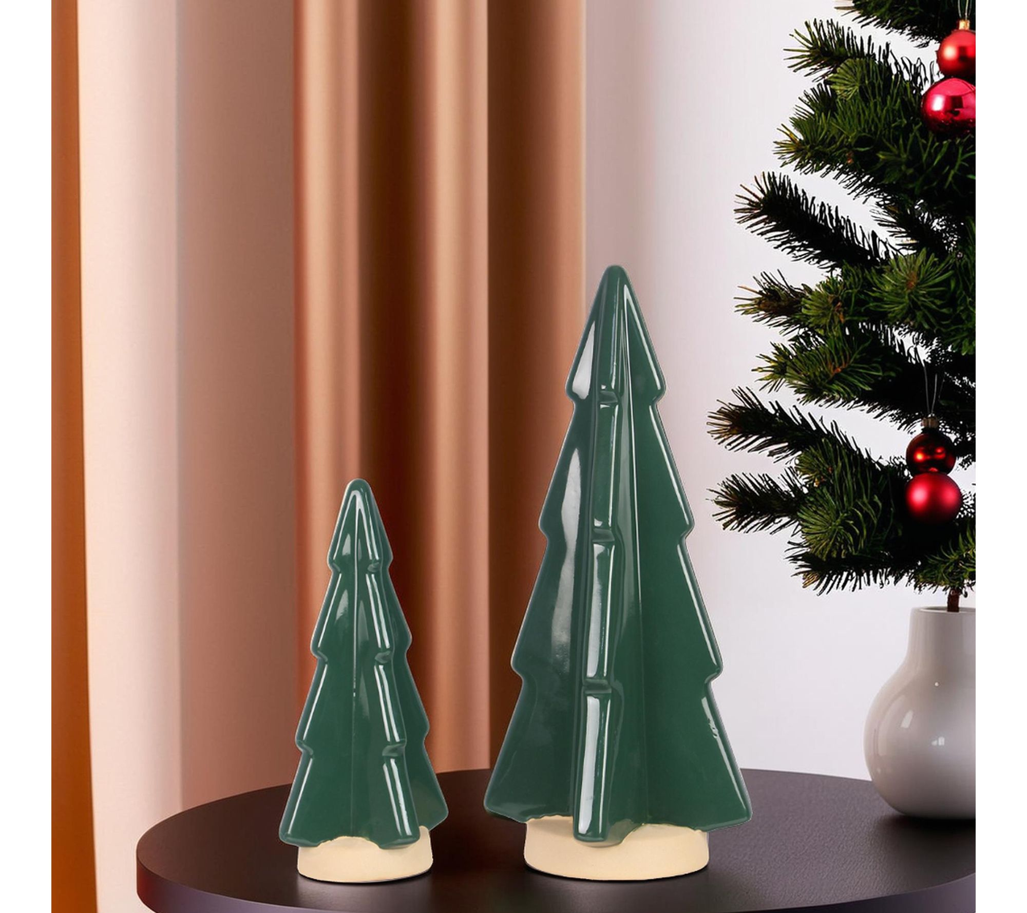 Young's Green Stoneware Christmas Tree Tabletop, Set of 2