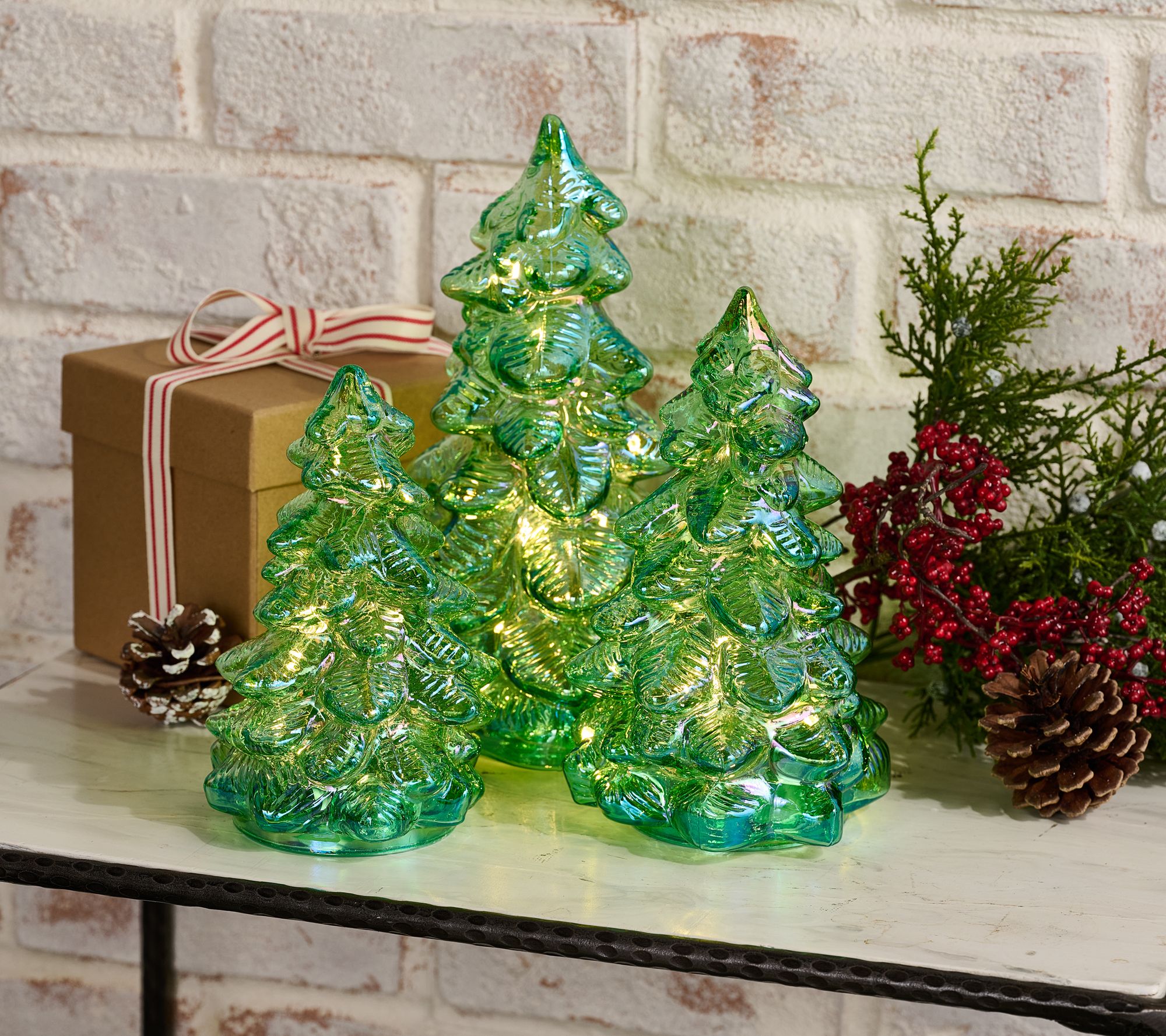 "As Is" Set of 3 Illuminated Iridescent Glass Trees by Valerie