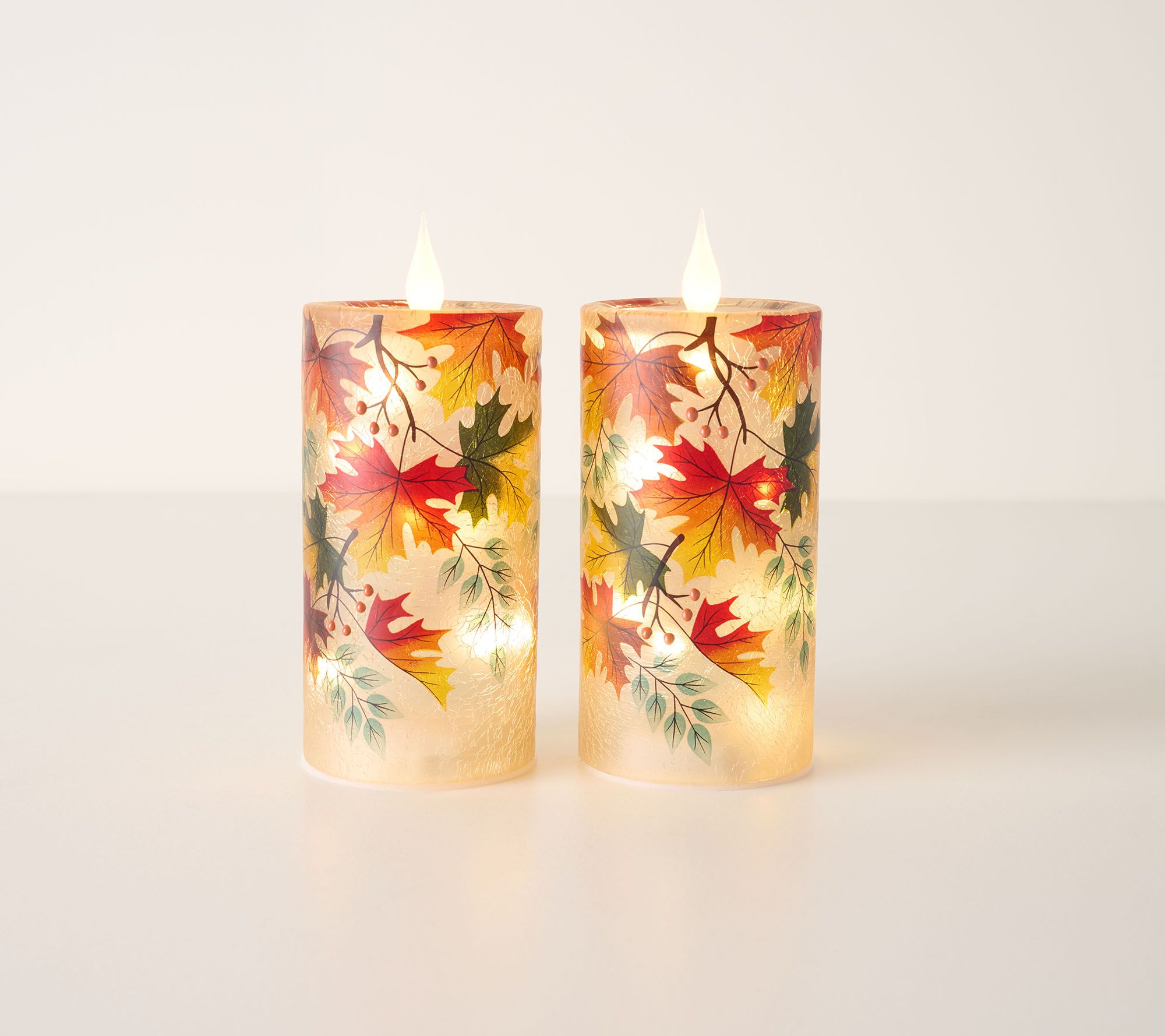 S/(2) 7" Harvest Leaf Crackle Glass Candles by Valerie
