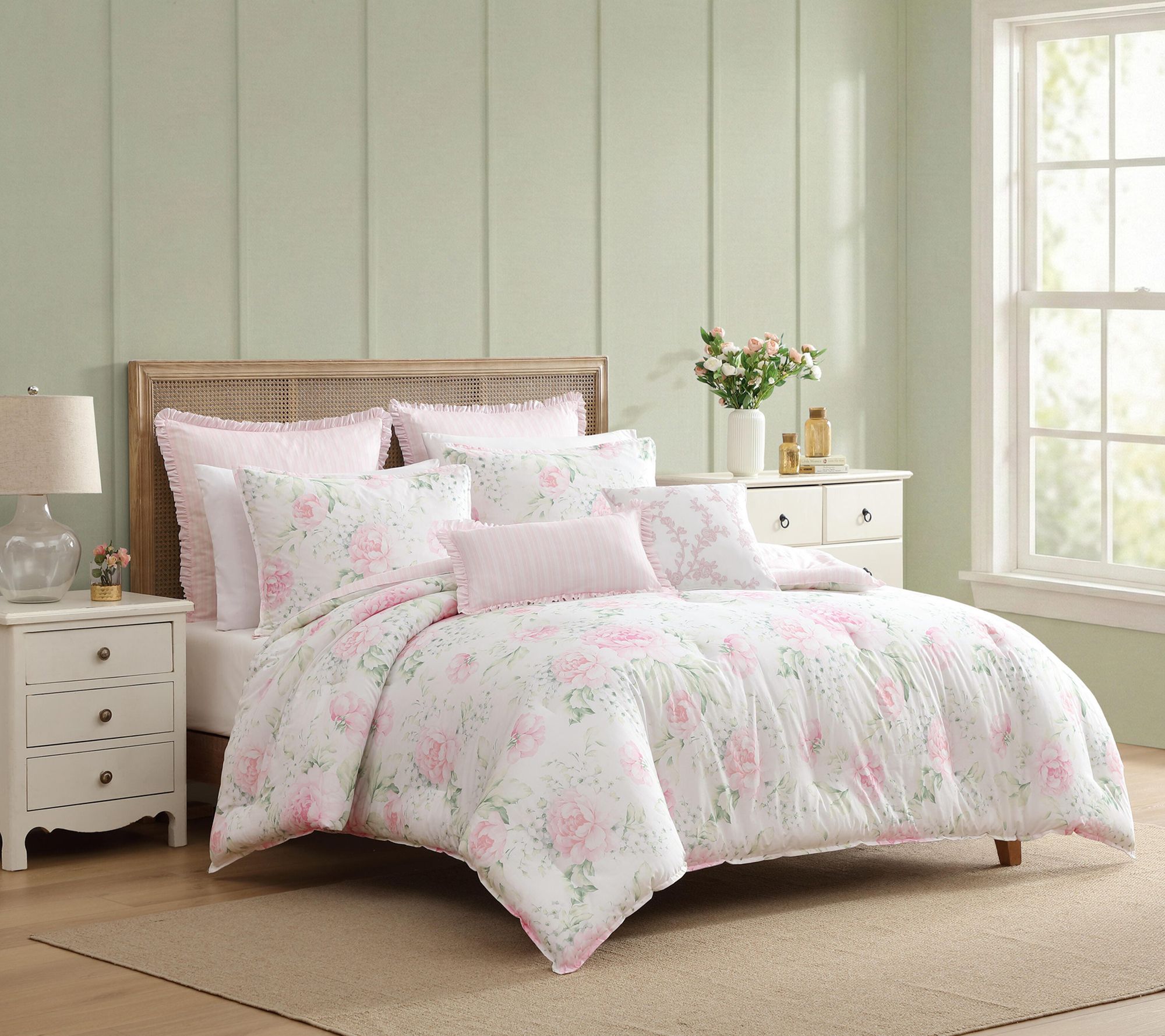 Laura Ashley Serenity Roses Pink/Green 5Pc TwinComforter Set