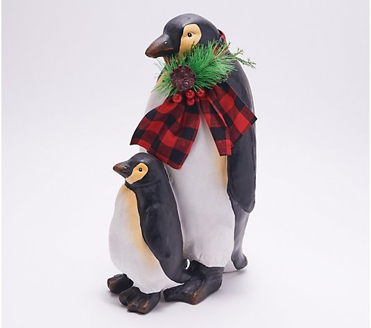 Plow & Hearth Mama and Baby Holiday Penguins with Ribbon