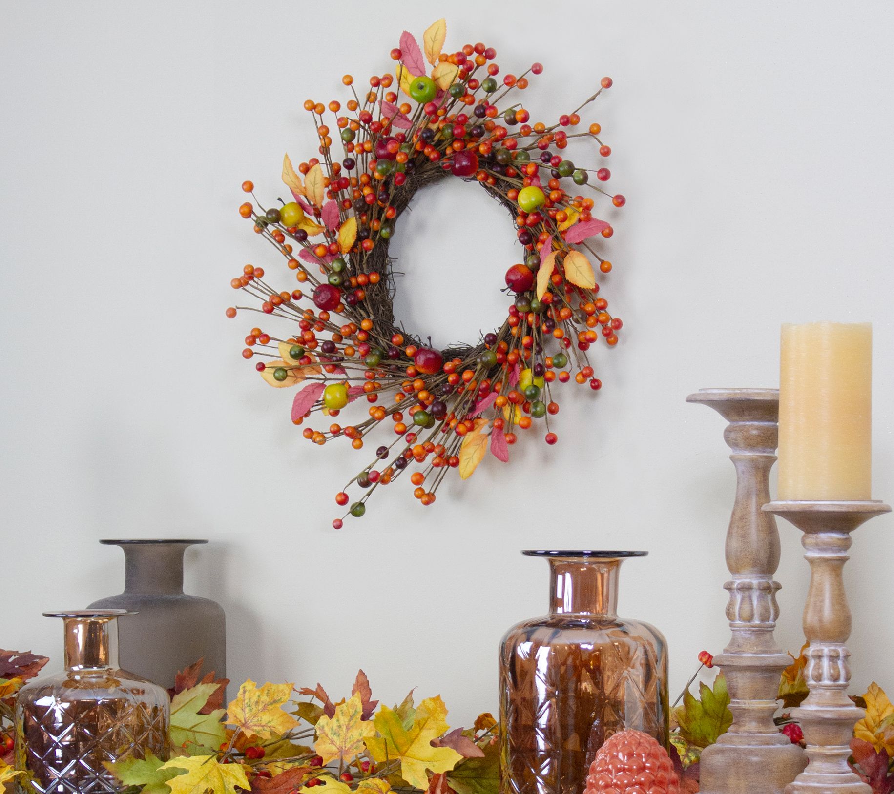 Northlight Berries&Apples Foliage Twig Thanksgiving Wreath 18"
