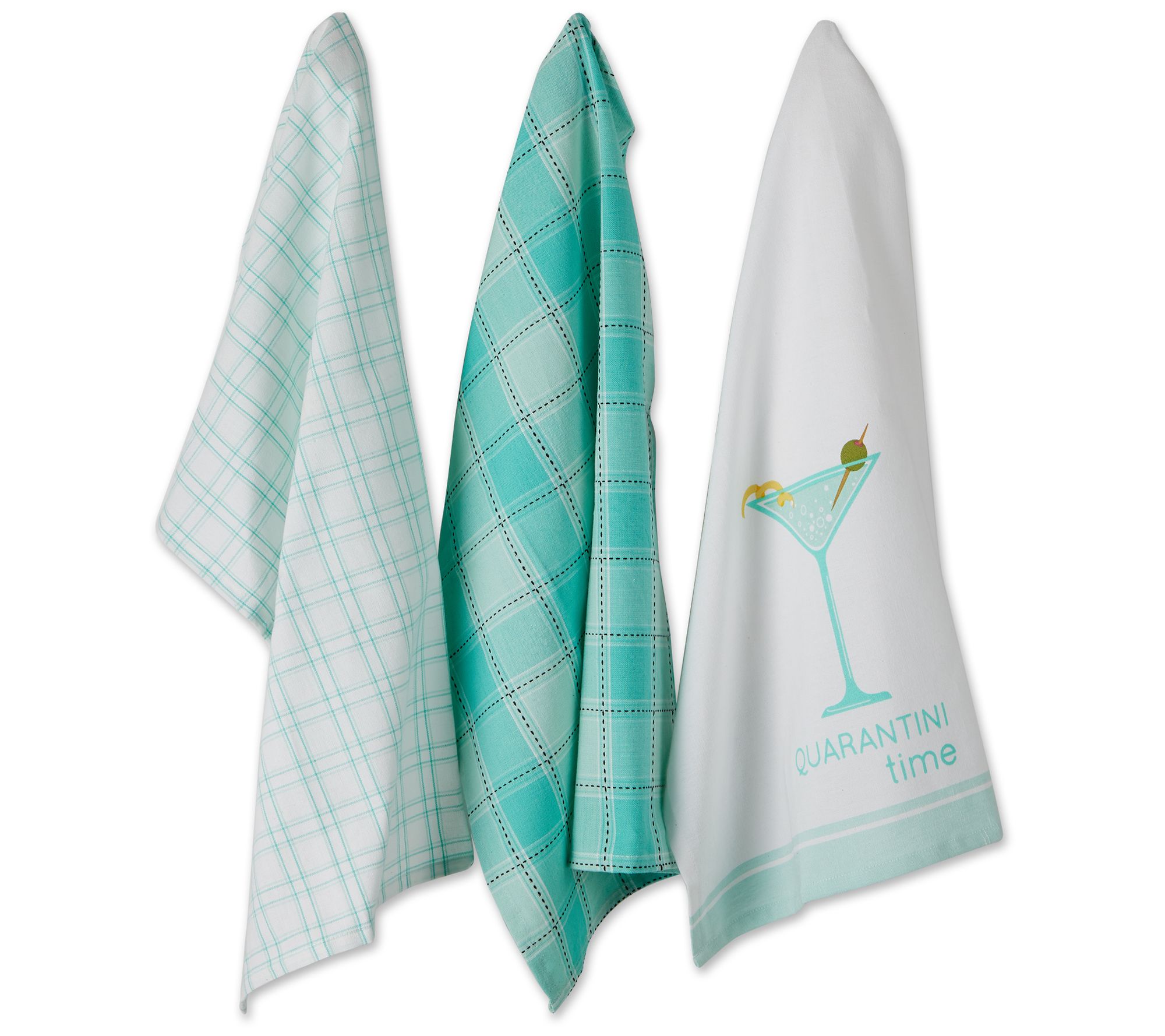 CUISINART KITCHEN TOWELS (3) TURQUOISE WHITE CHECK STRIPE 16 X 28