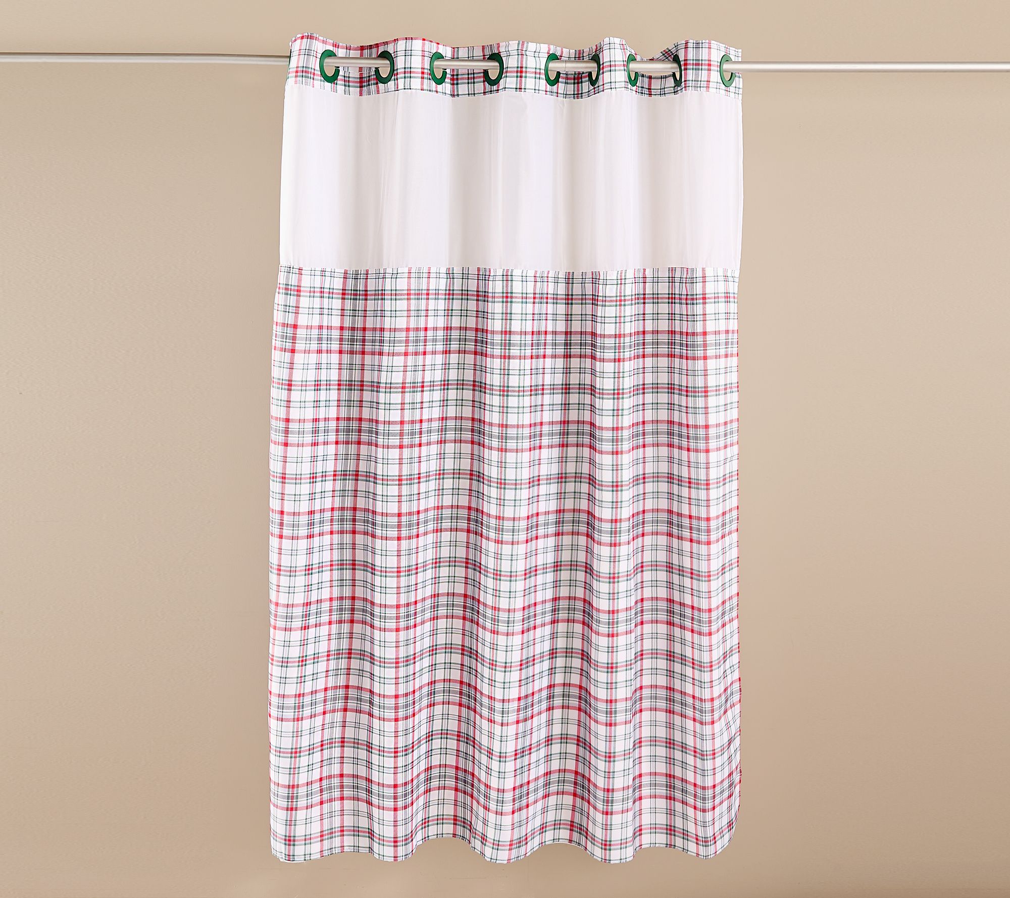 Hookless Print or Solid Shower Curtain with Window & Liner ,Holiday Plaid