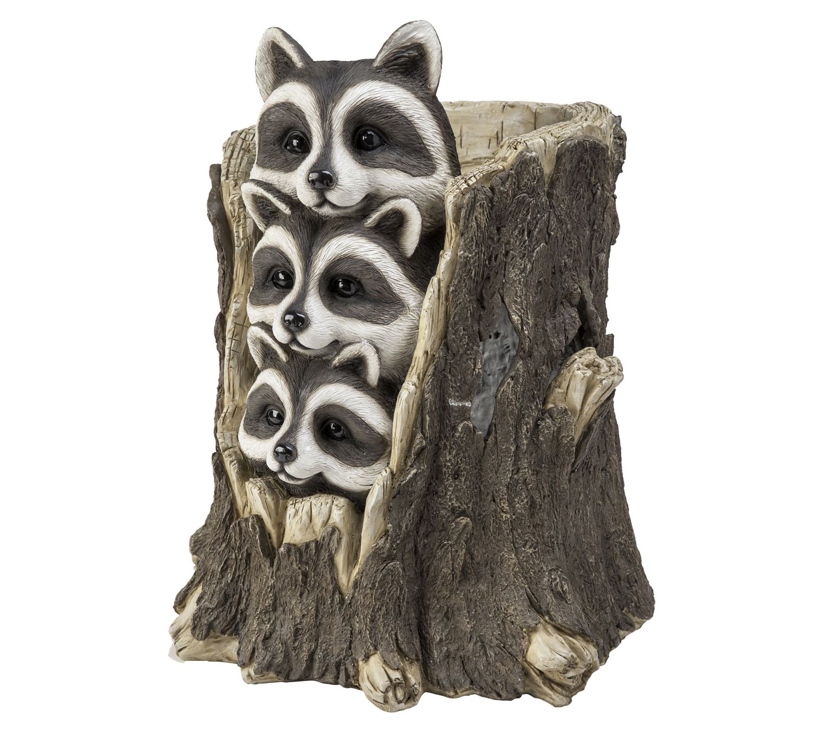 Evergreen Solar Three Raccoons in a Stump Sculpture - QVC.com