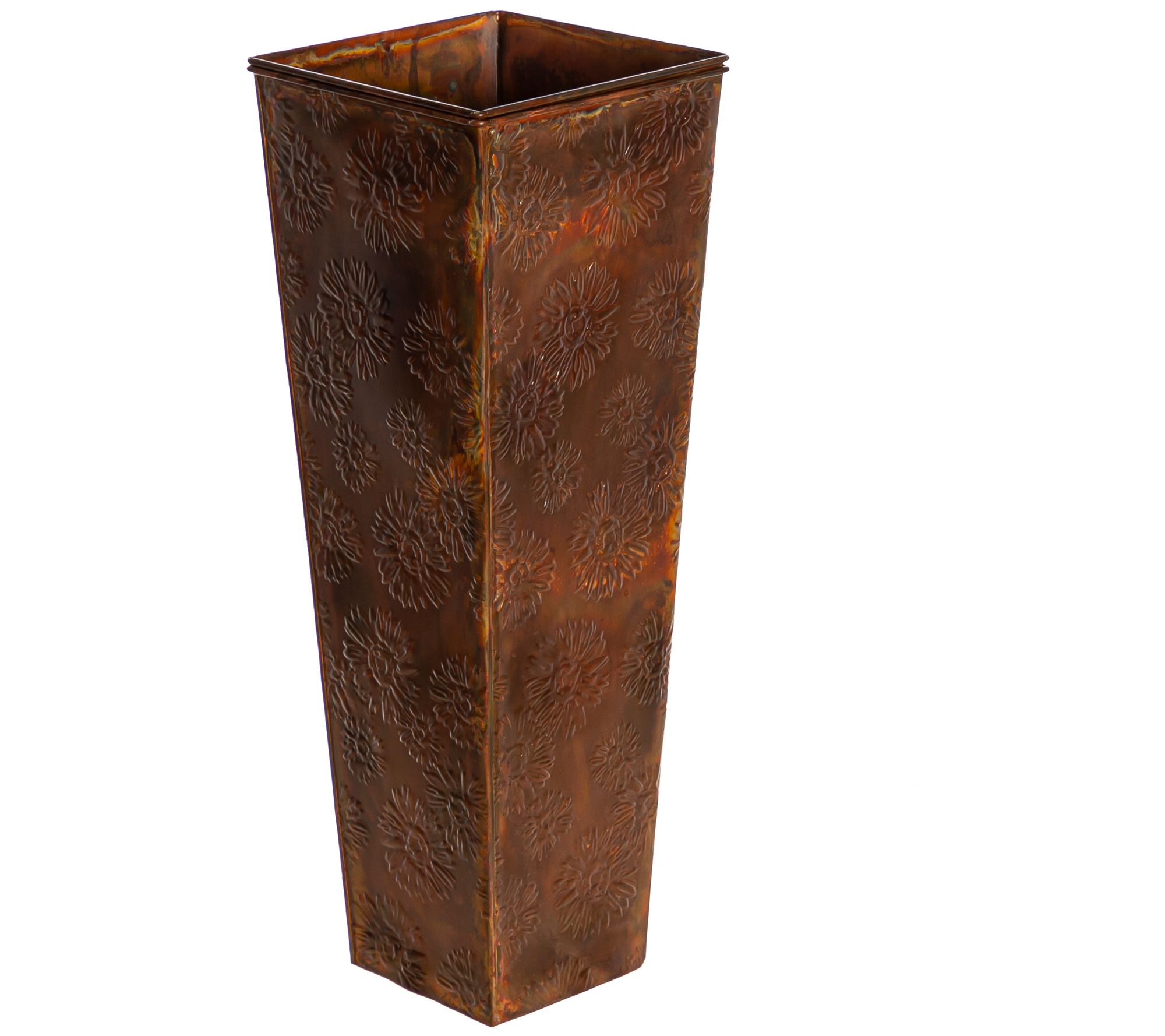 Evergreen Embossed Metal Planter with Burnt Copper Sunflowers