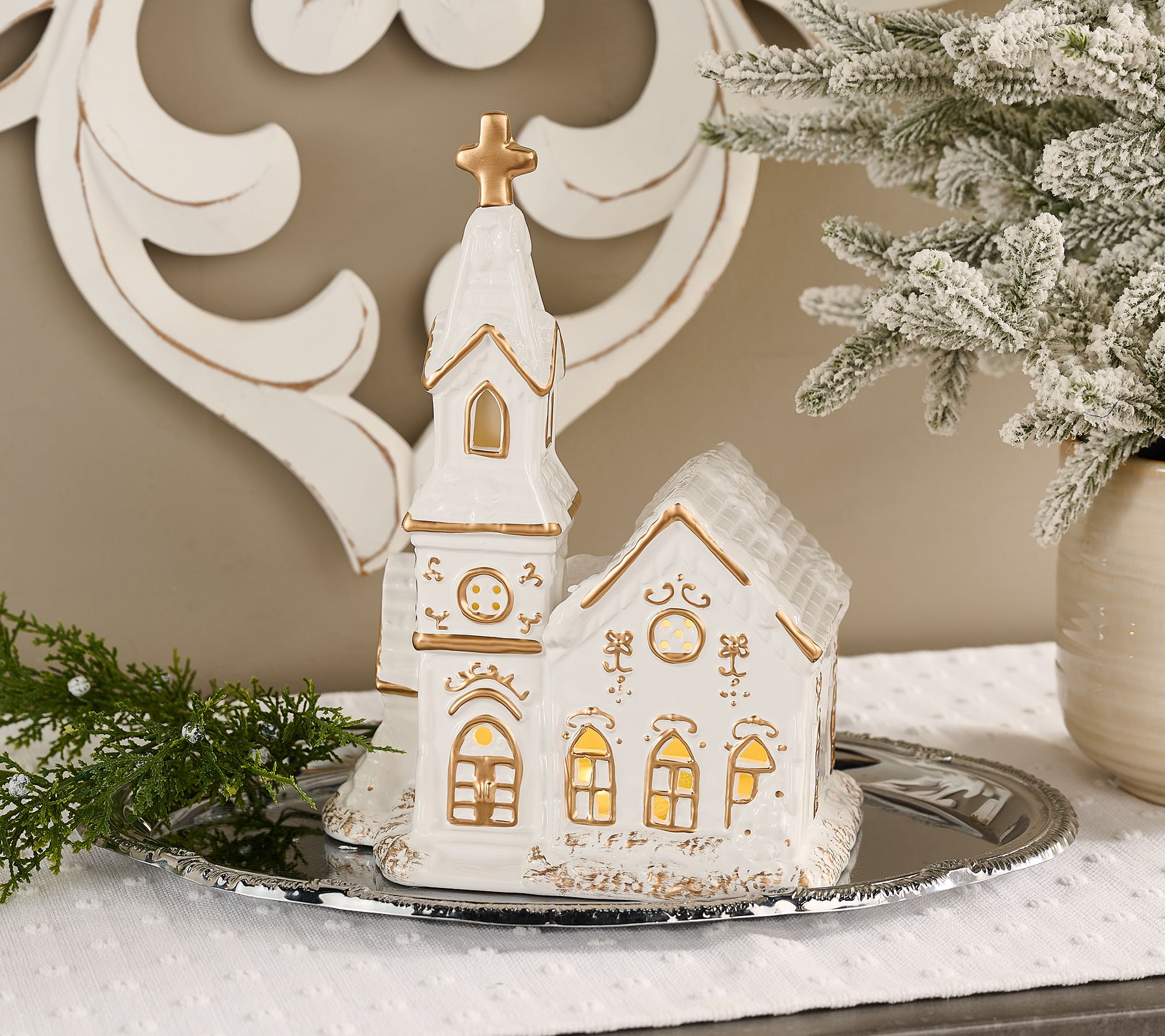 Illuminated Ceramic Church with Metallic Detail by Valerie