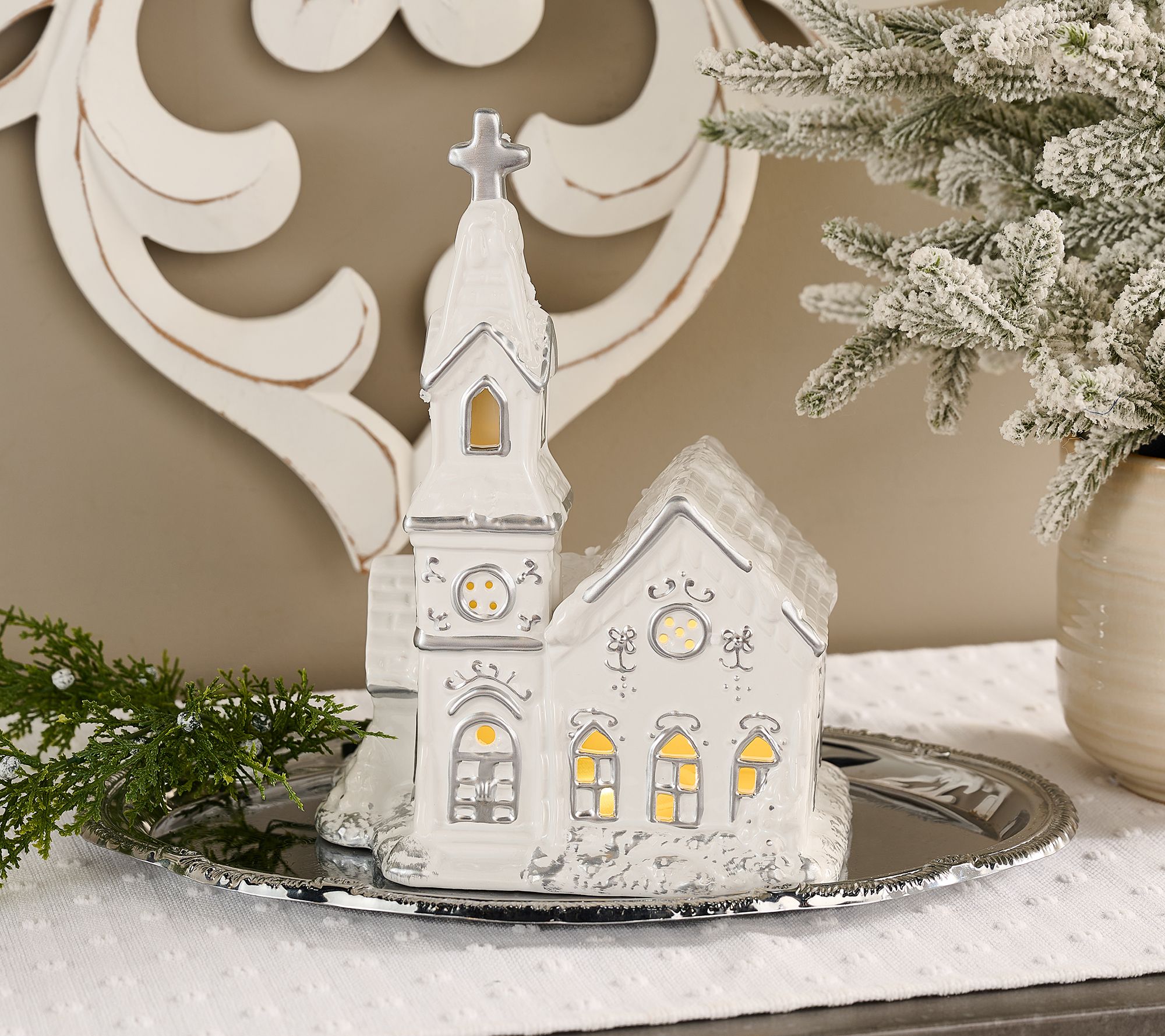 Illuminated Ceramic Church with Metallic Detail by Valerie