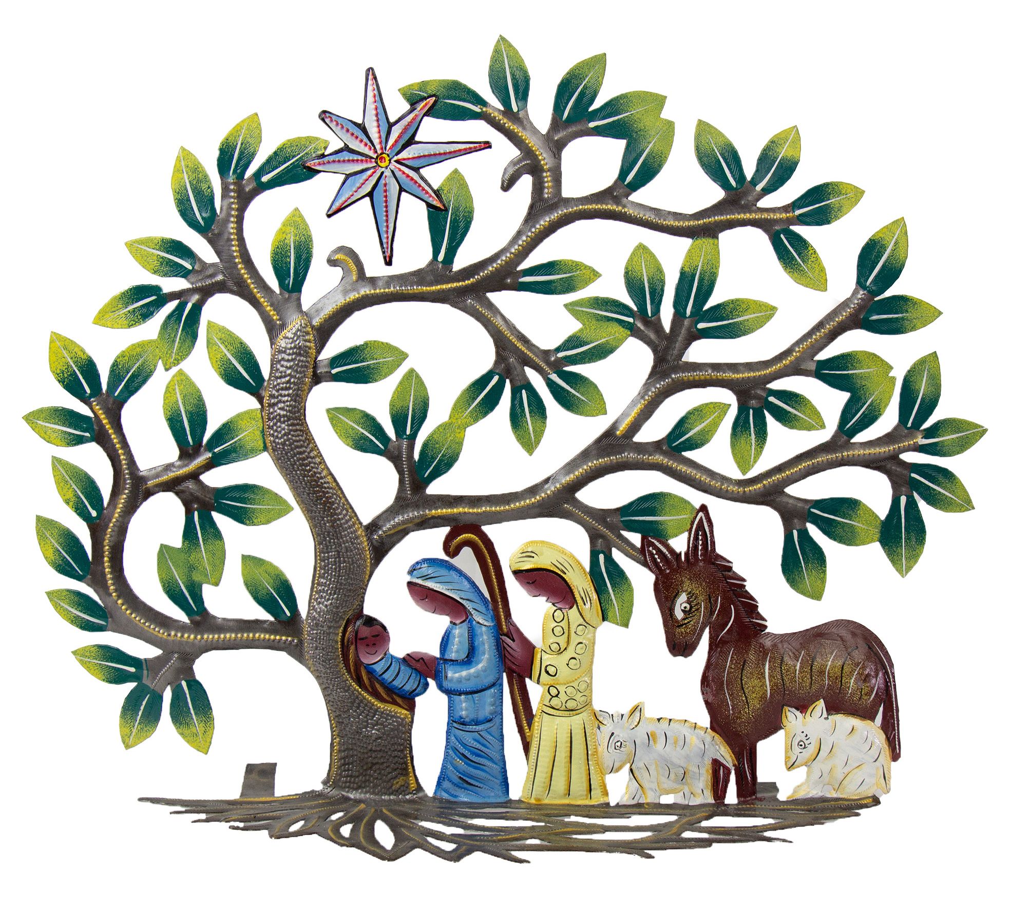 Global Crafts Haitian Metal Drum Tree Creche Nativity