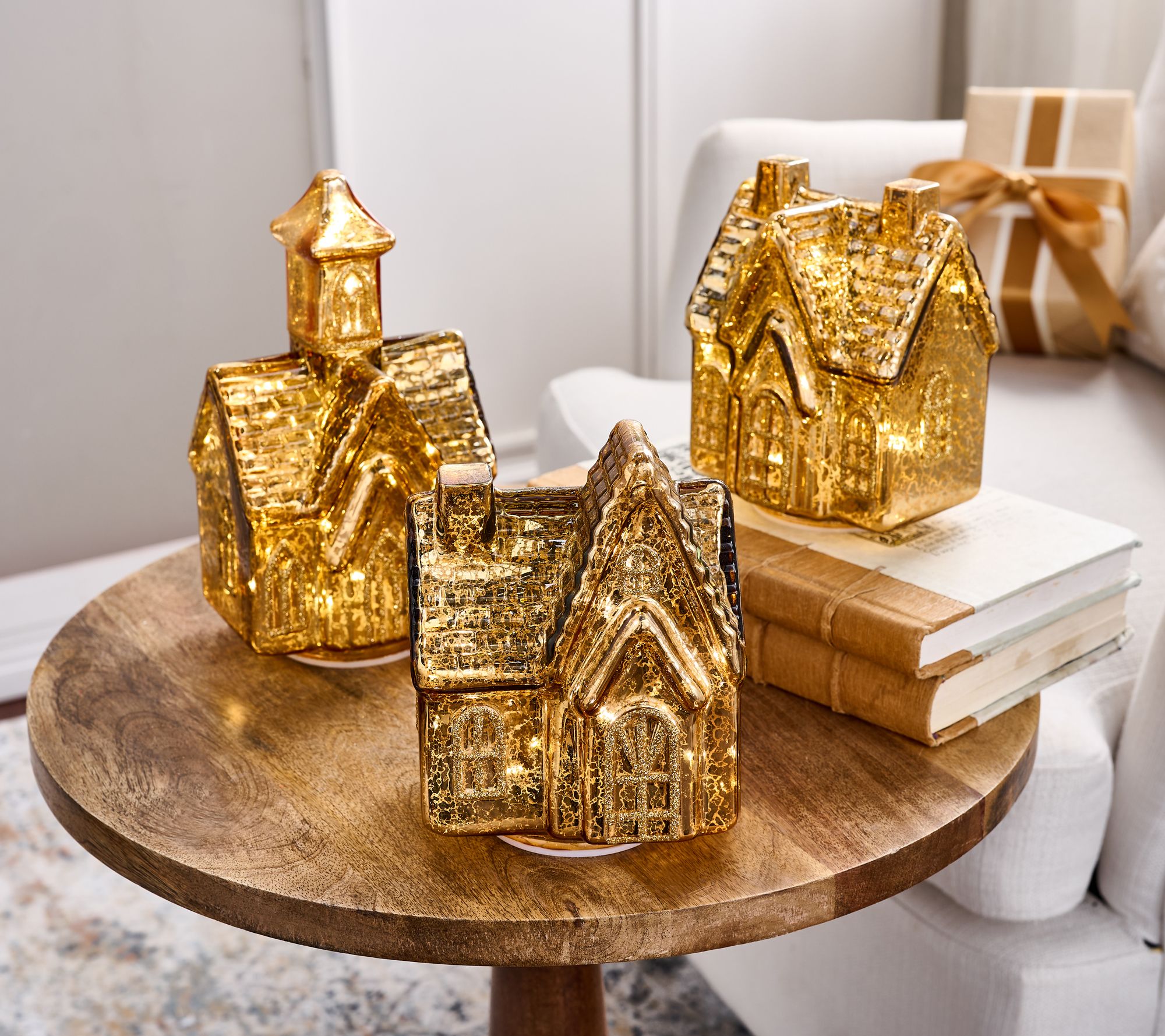 "As Is" 3-Piece Illuminated Mercury Glass Village by Valerie