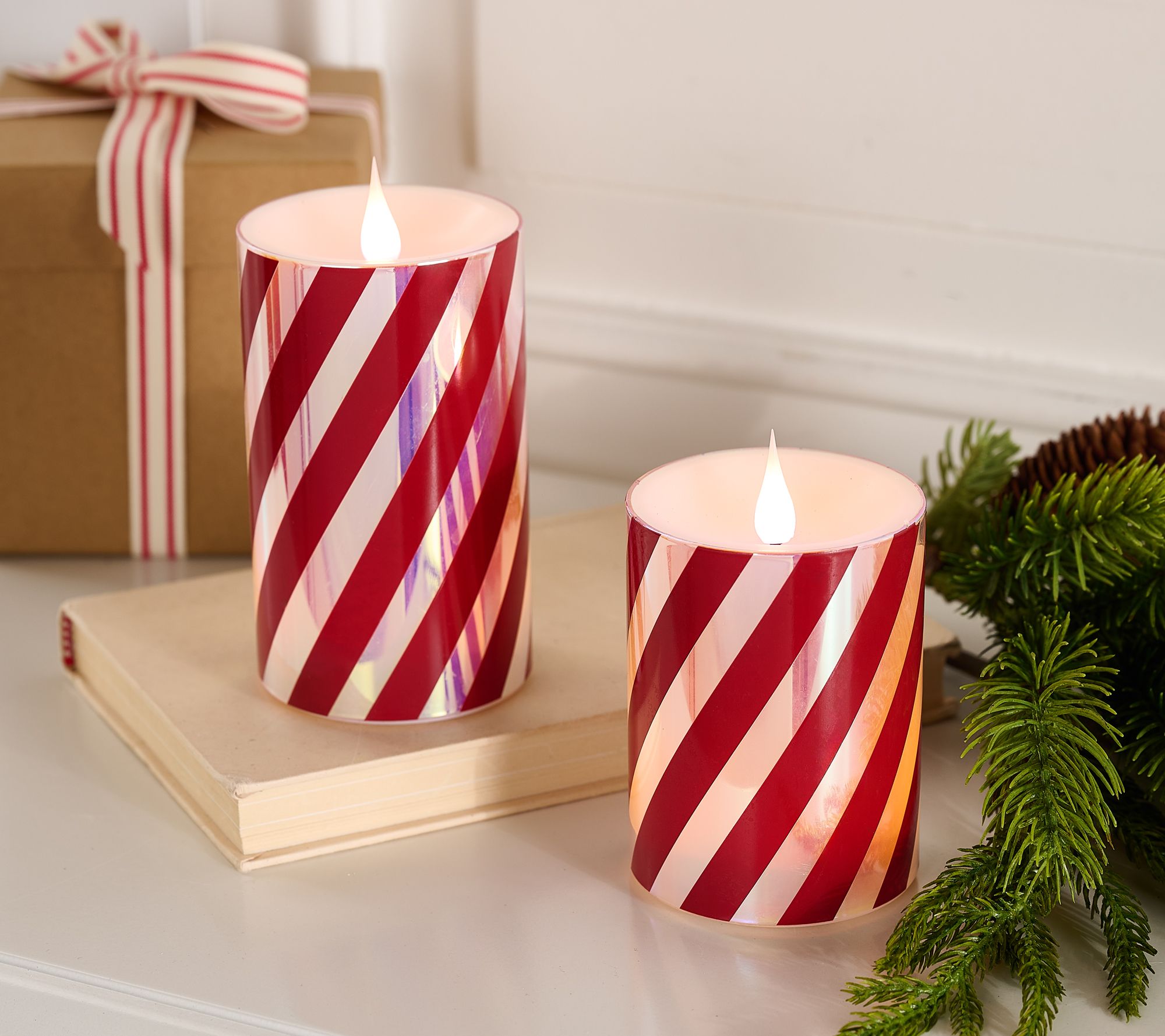 Lightscapes S/2 Flameless Iridescent Candy Cane Pillar Candles