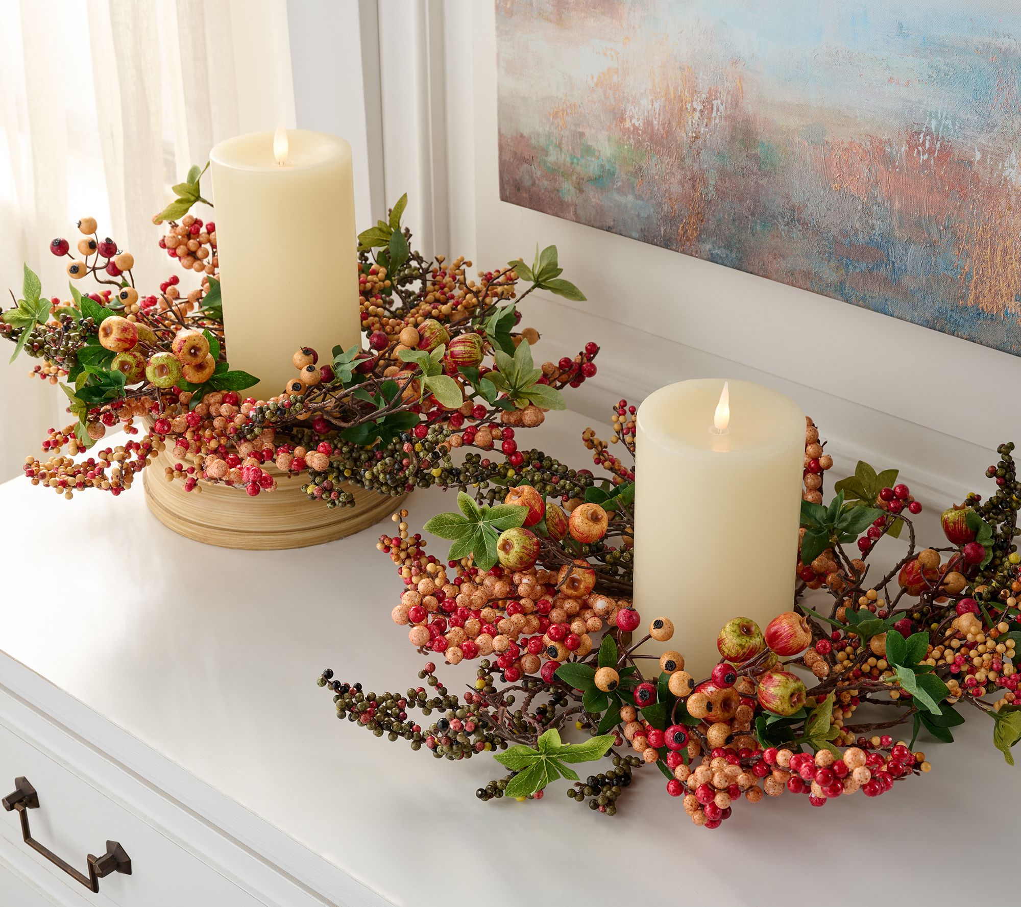 Set of 2 Autumn Berry and Leaf Candle Rings by Valerie