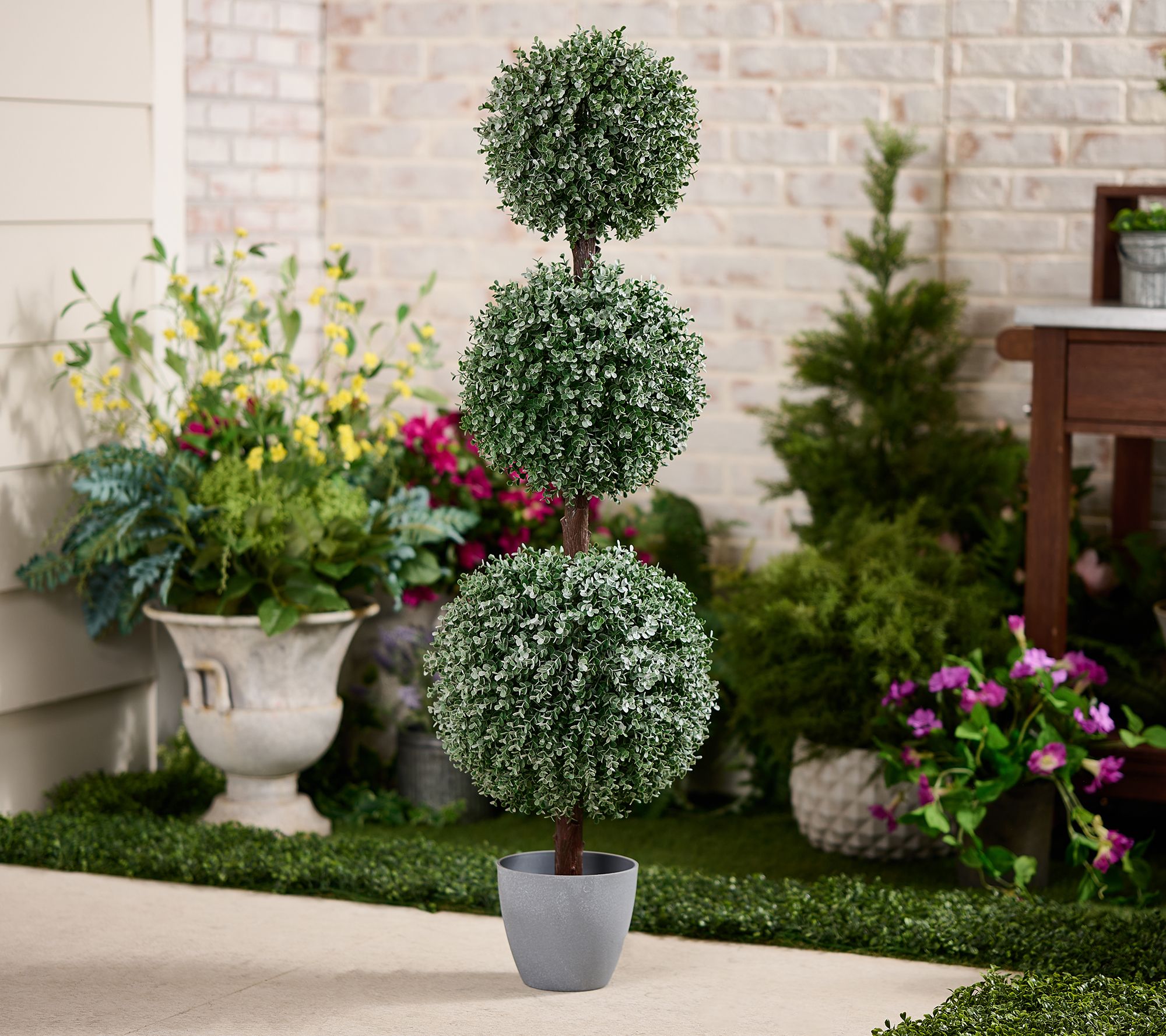 "As Is" Wicker Park 48" 3-Sphere Long Boxwood Topiary Tree with Pot