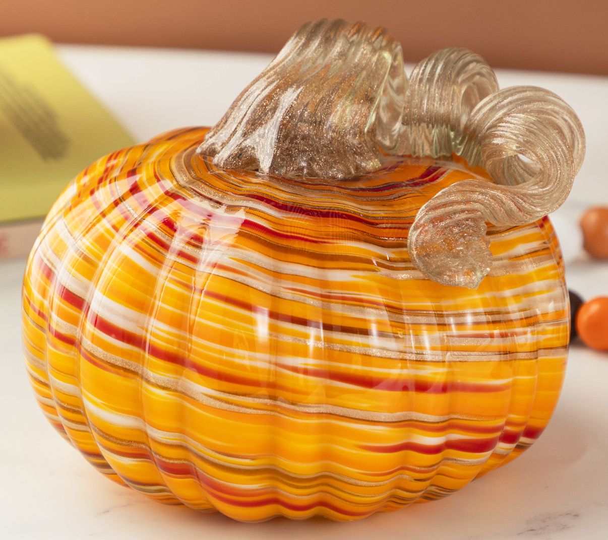 Glitzhome 6"D Fall Harvest Glass Pumpkin with Glitter