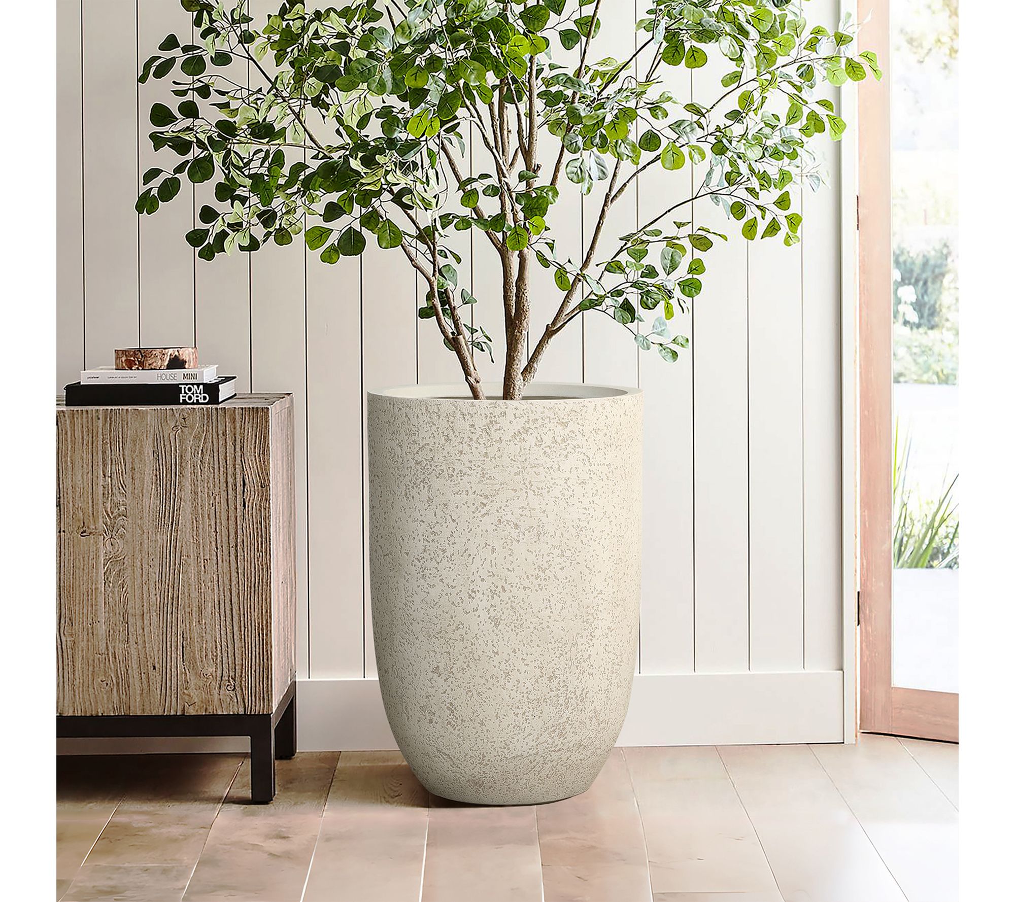 LuxenHome 23.5"H Round Tapered MgO Planter, Faux Travertine