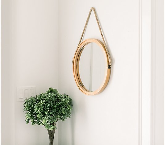 16" Round Wooden Wall Mirror w/ Jute Handle by Lauren McBride