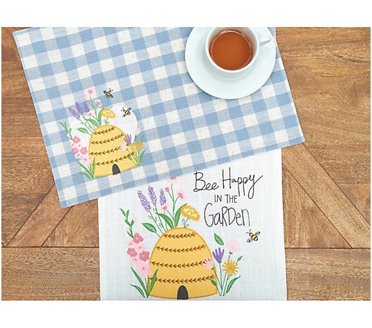 13"x72" Bee Happy In Blue Embroidered Table Runner by Valerie