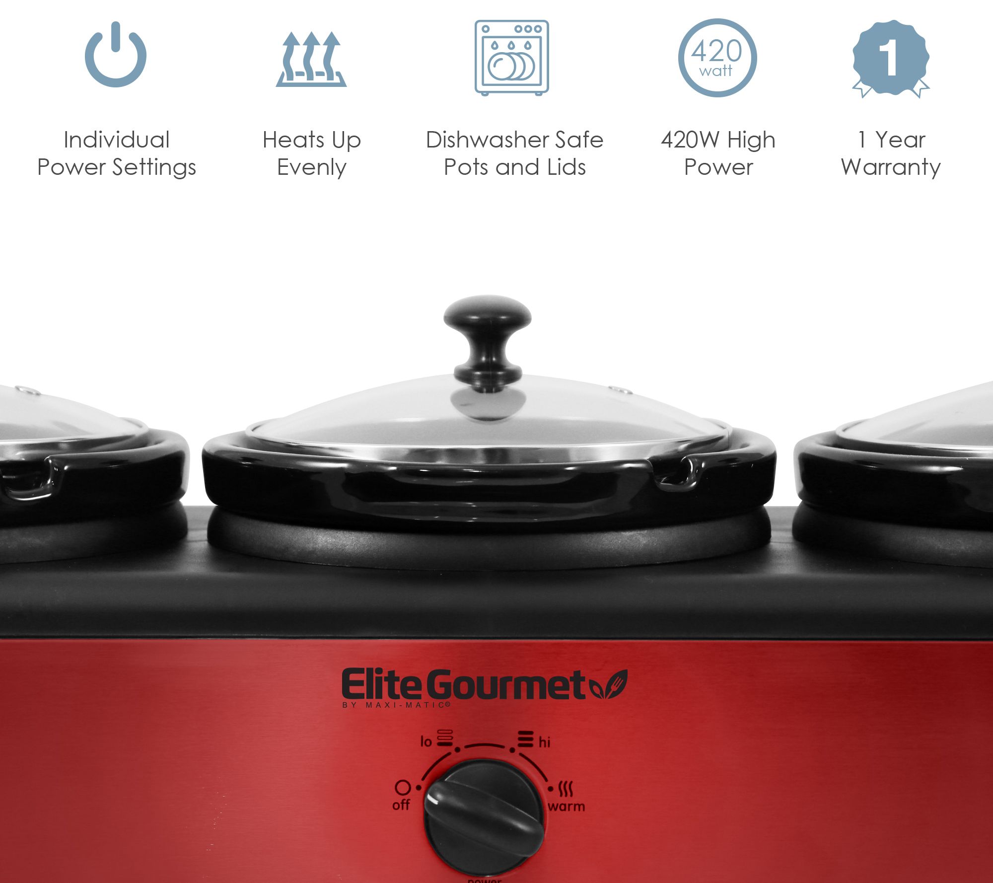Elite Gourmet Triple Slow Cooker with (3) 2.5qt Dishes