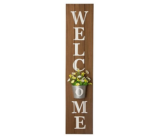 Glitzhome Indoor Outdoor Wooden Welcome Sign w/Metal Planter