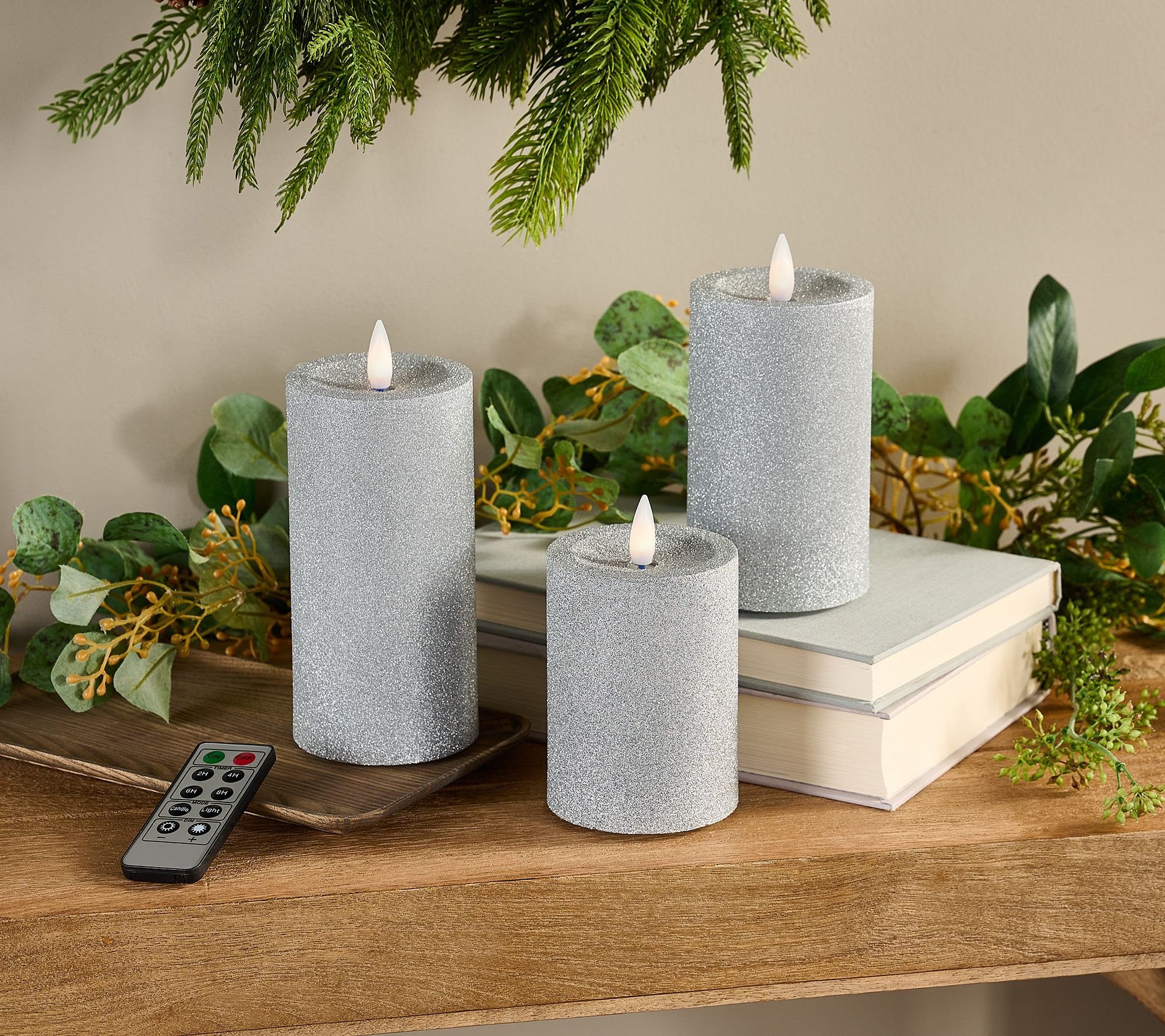Home Bliss S/3 Rechargable Glitter Pillars with Trio Base and Remote