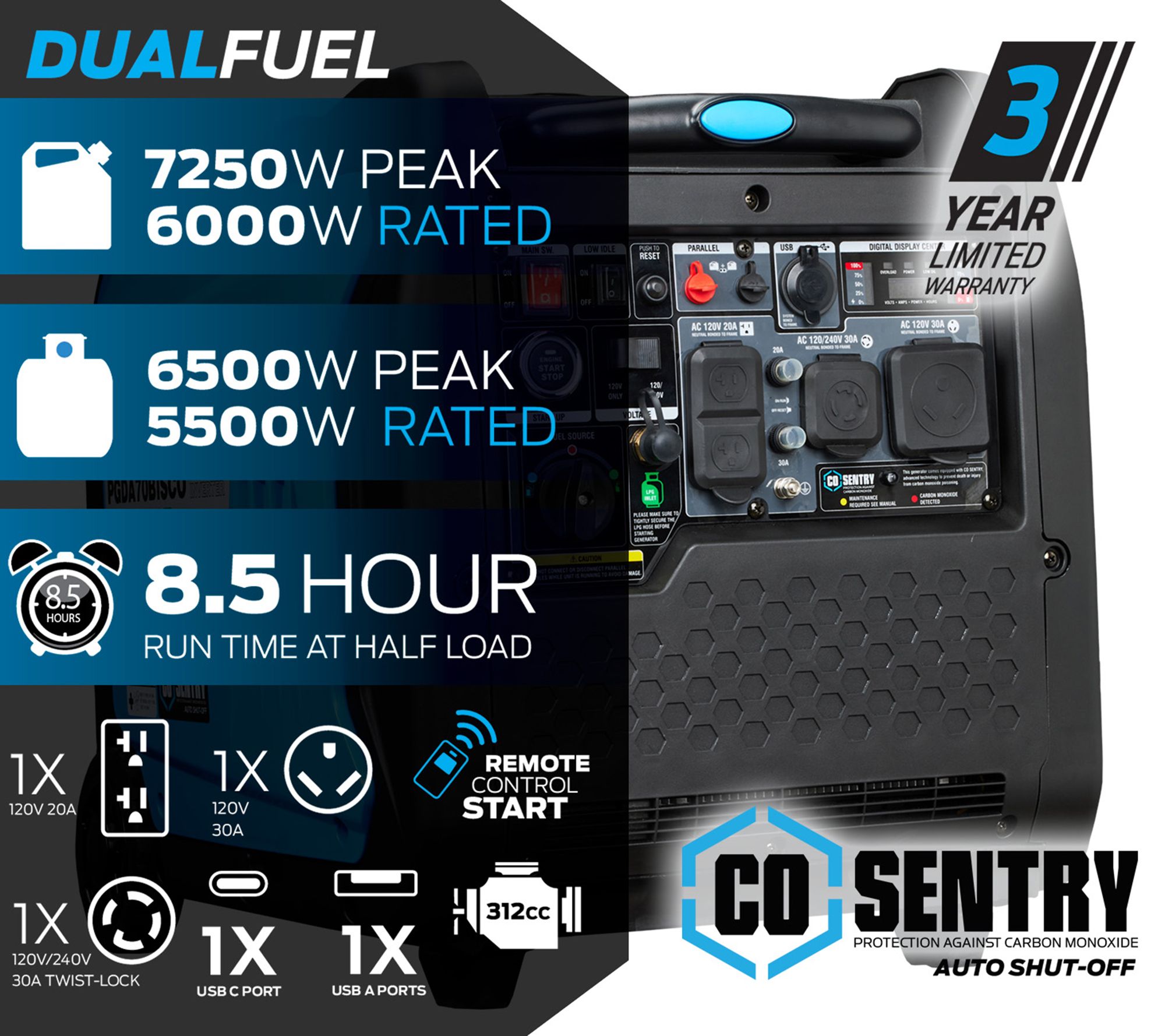 Pulsar 7250 Watt Dual Fuel Inverter Generator with CO Sentry