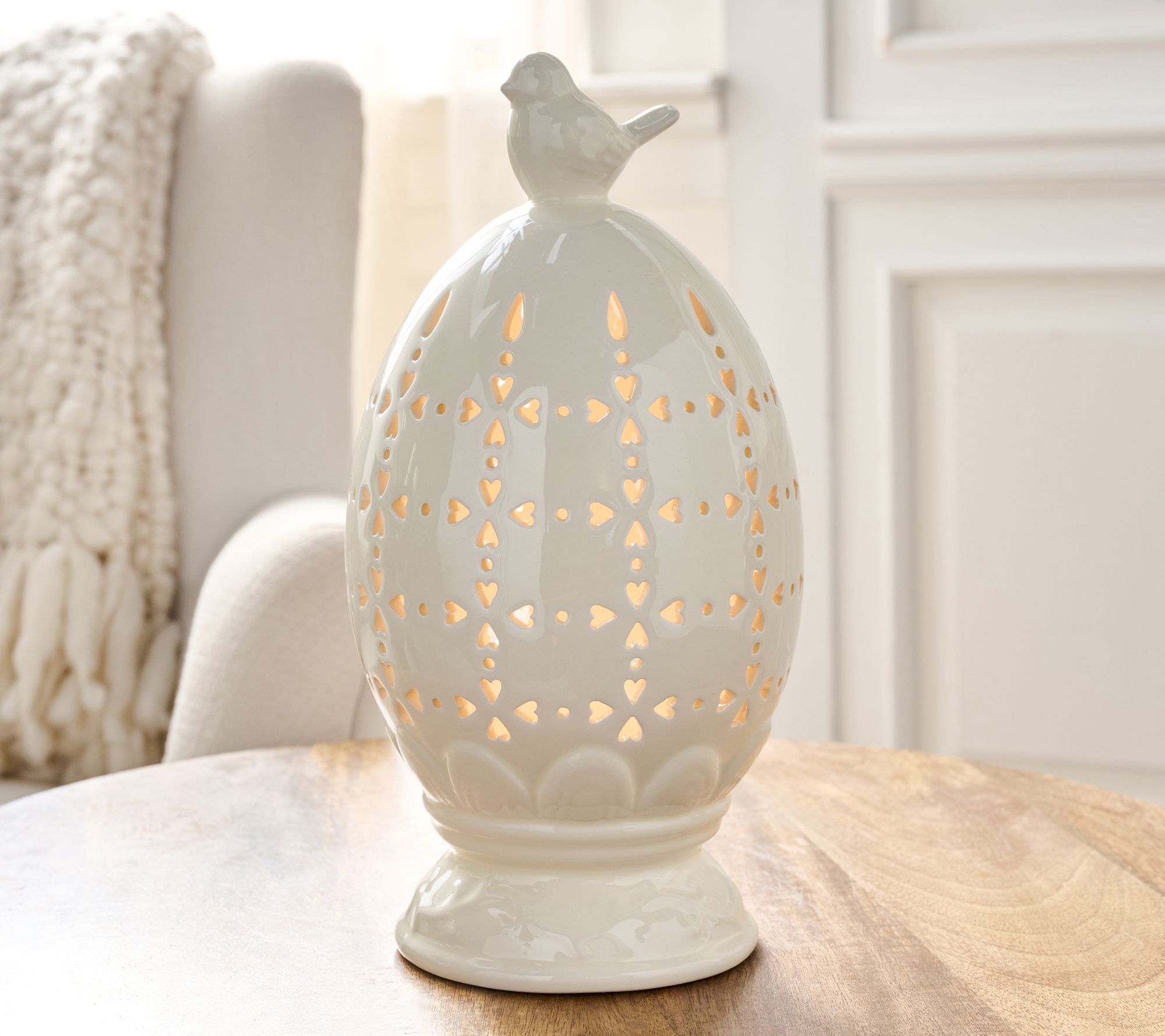 10" Illuminated Ceramic Footed Egg with Bird by Valerie