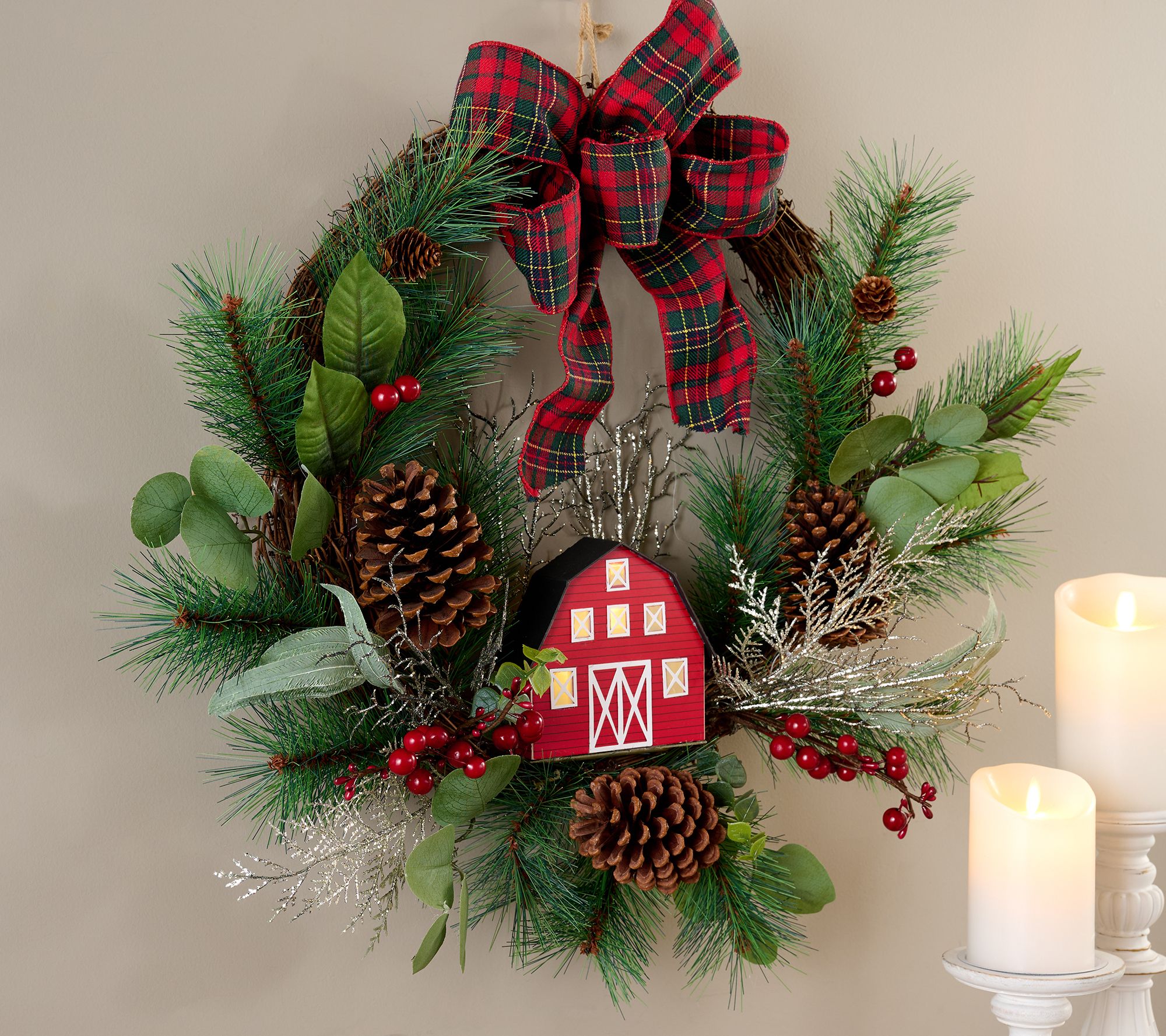 "As Is" 24" Crescent Wreath w/ Illuminated Building by Valerie