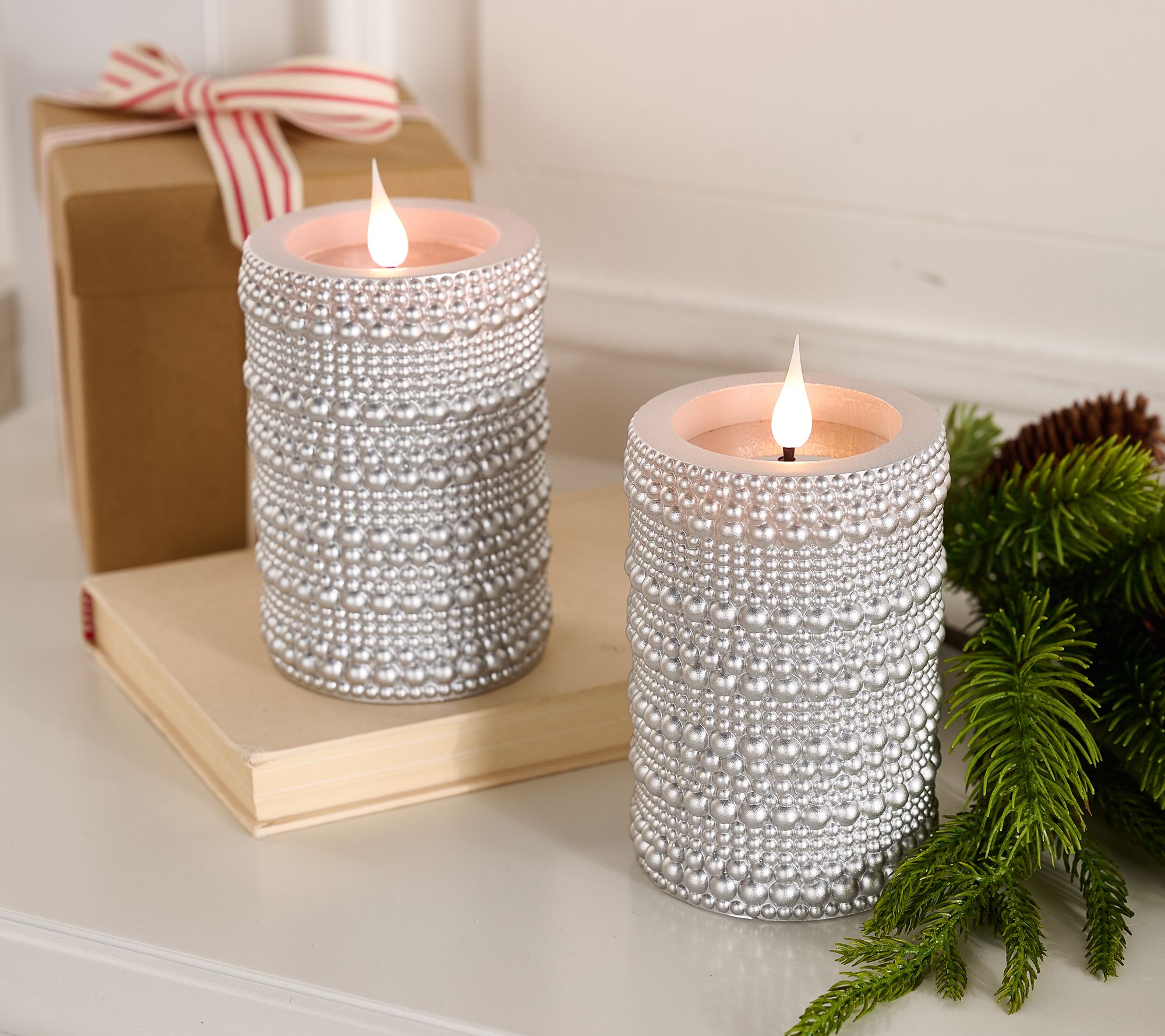 Lightscapes S/2 Flameless Metallic Hobnail Pillar Candles