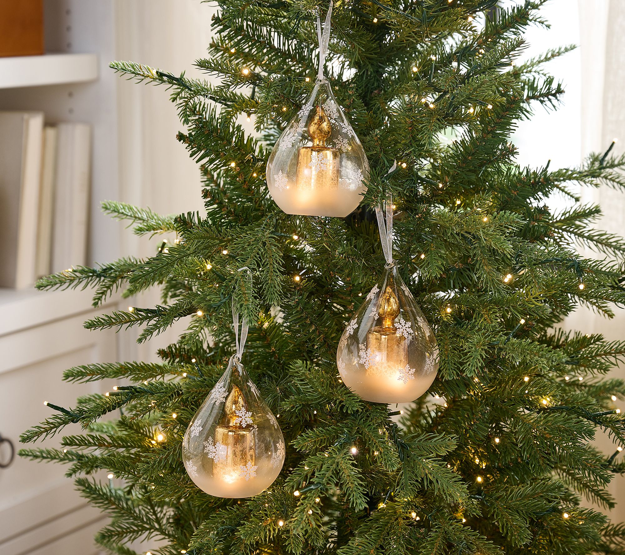 Set of 3 Lit Candle in Glass Drop Ornaments by Valerie