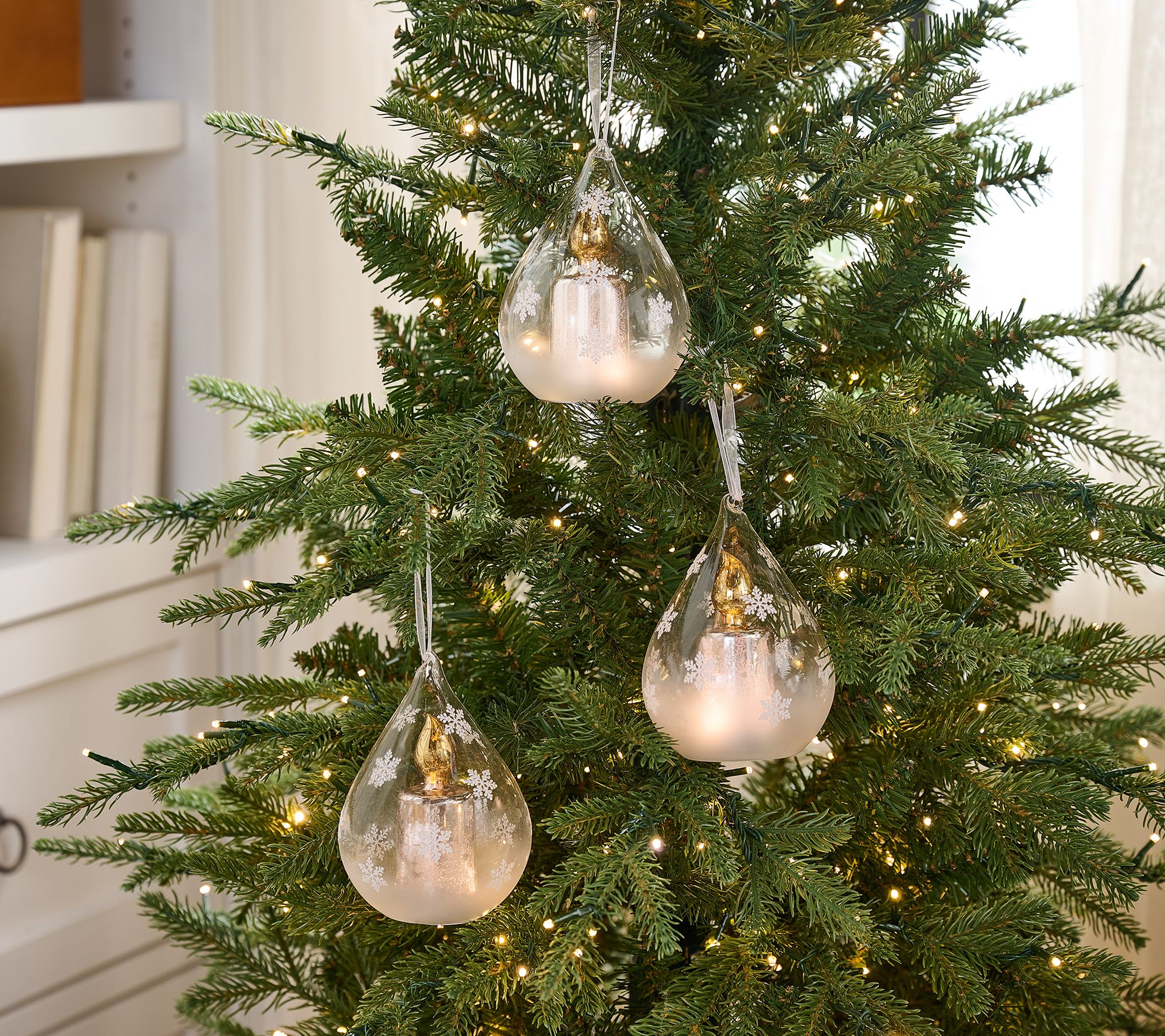 Set of 3 Lit Candle in Glass Drop Ornaments by Valerie