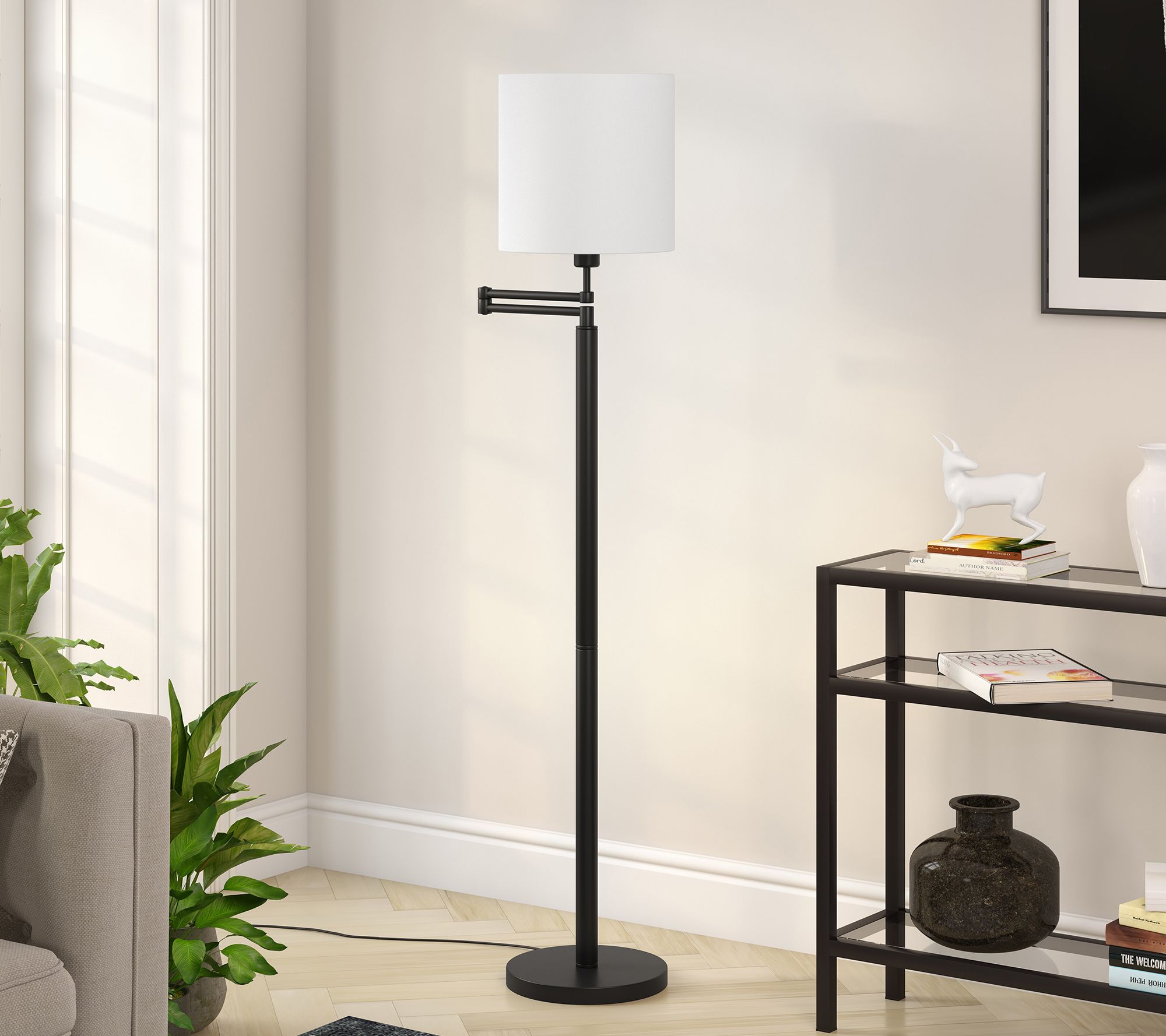 Hudson&Canal Moby Swing Arm Floor Lamp with Fabric Drum Shade