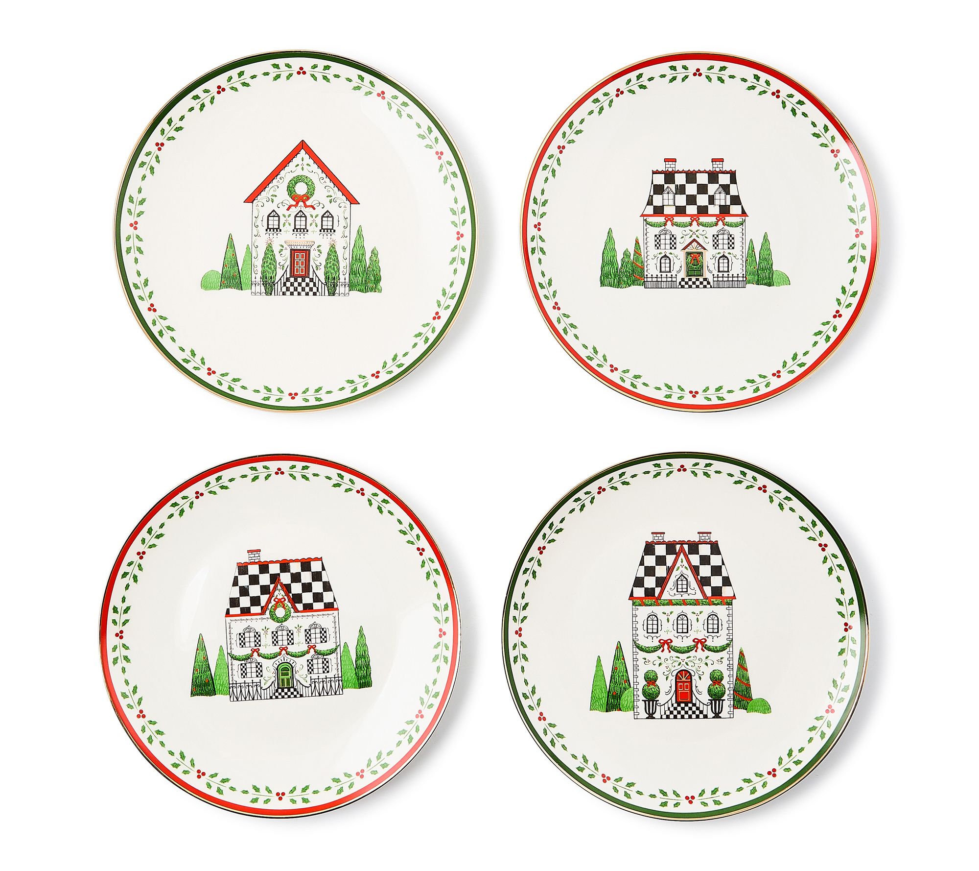 MacKenzie-Childs Holly Village Dessert Plates,Set of 4