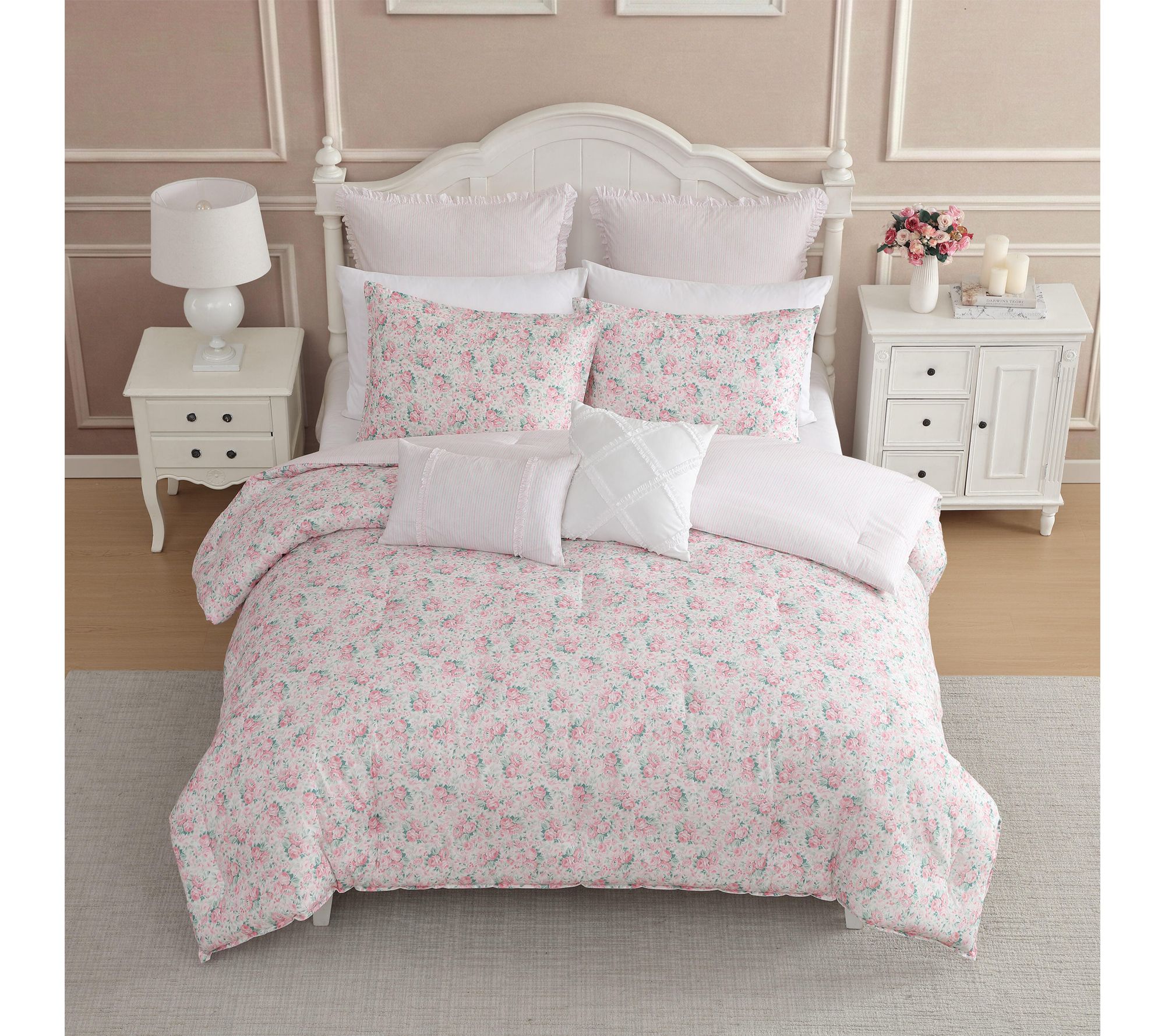 Laura Ashley Pamelposies Pink/Green 7Pc King Co mforter Set - QVC.com